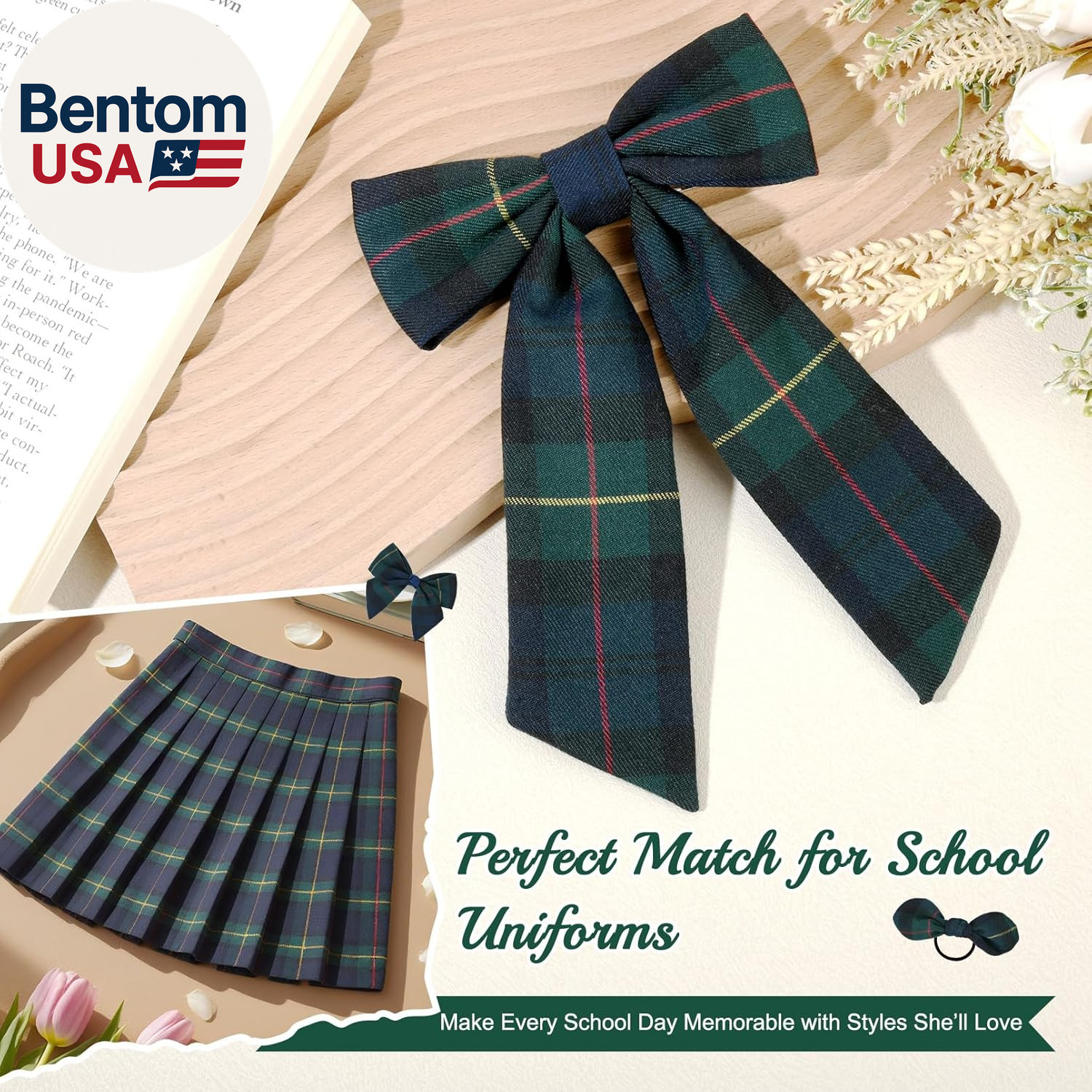 5 Styles Uniform Plaid Long Tail Hair Bows Knotted Headband Scrunchies Bow Set A