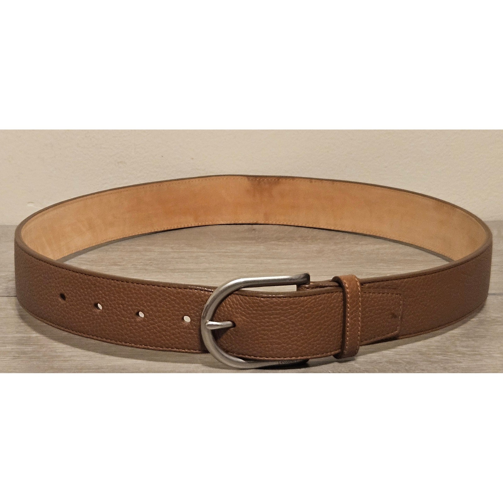Coach Mens Pebbled Leather Belt Brown Saddle Silver Buckle F90263 Size 32 80cm