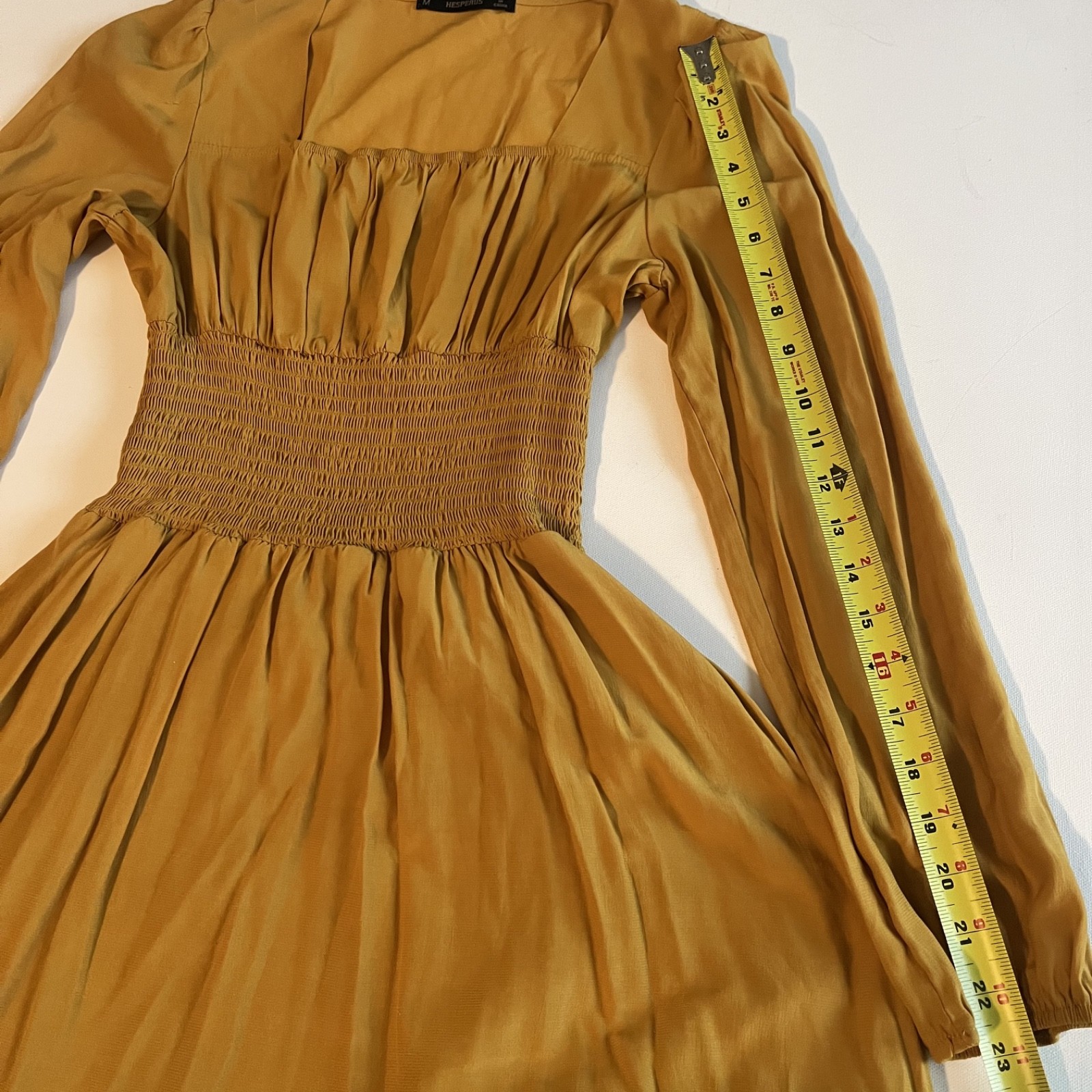 Hesperus Womens Square Neck Mustard Yellow Dress Long Sleeve Ruched Waist Med