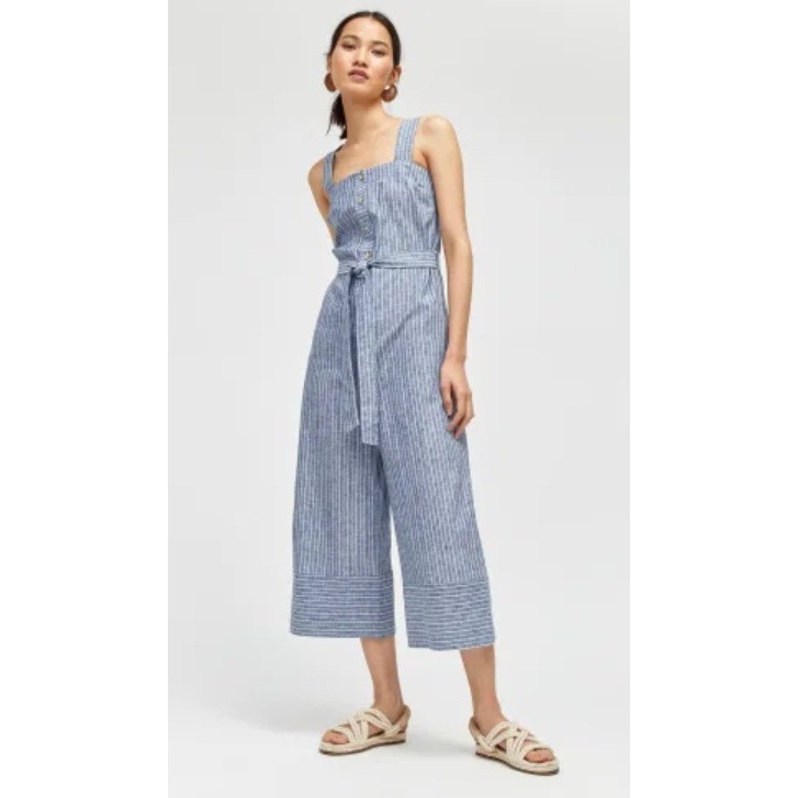 Warehouse Blue White Striped Linen Cotton Wide Leg Jumpsuit Button Front Sz US 2