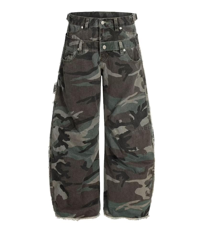 Men’s Straight Leg Army Green Camouflage Pockets Casual Punk Hip Hop Trousers