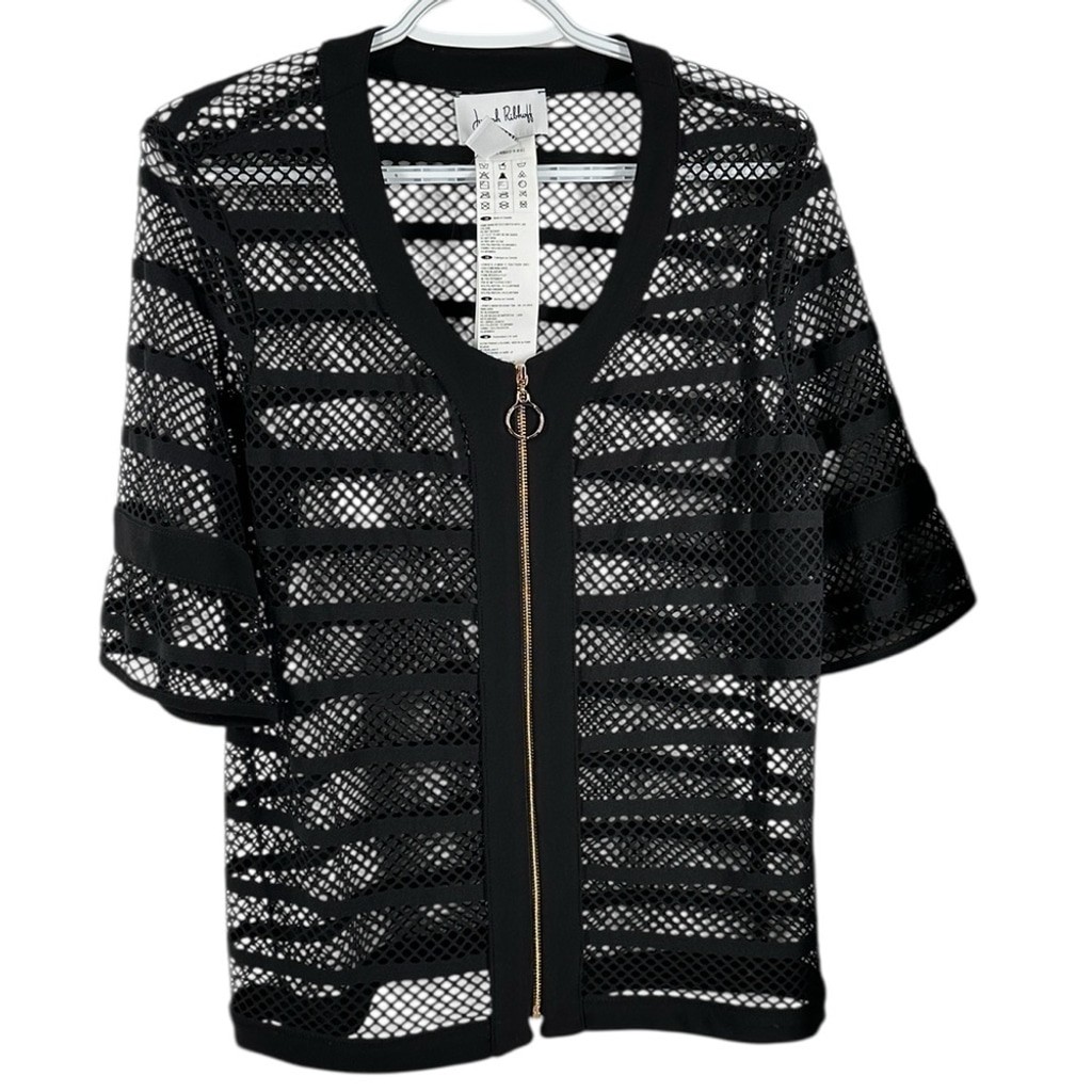 Joseph Ribkoff Mesh jacket short sleeve zip detail gold zip up elegant sz 10 NWT