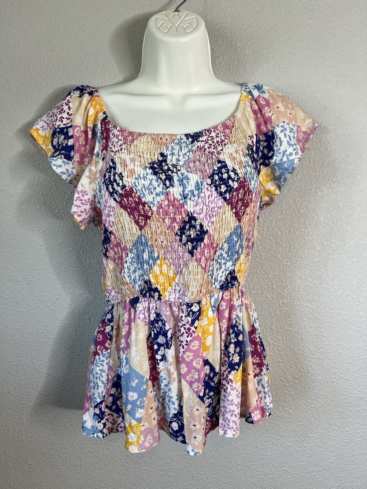 Boutique Andree By Unit Multicolor Patchwork Peplum Top Small NWT