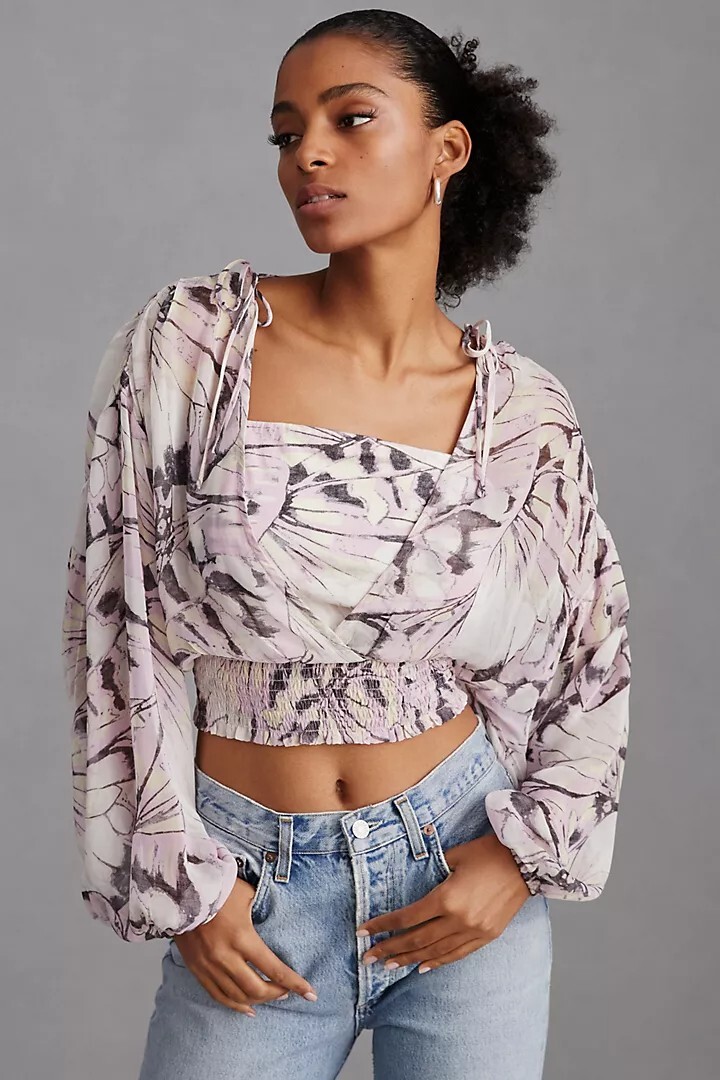 NWT By Anthropologie Sheer Peasant Blouse Top size XL Purple Motif #C3404