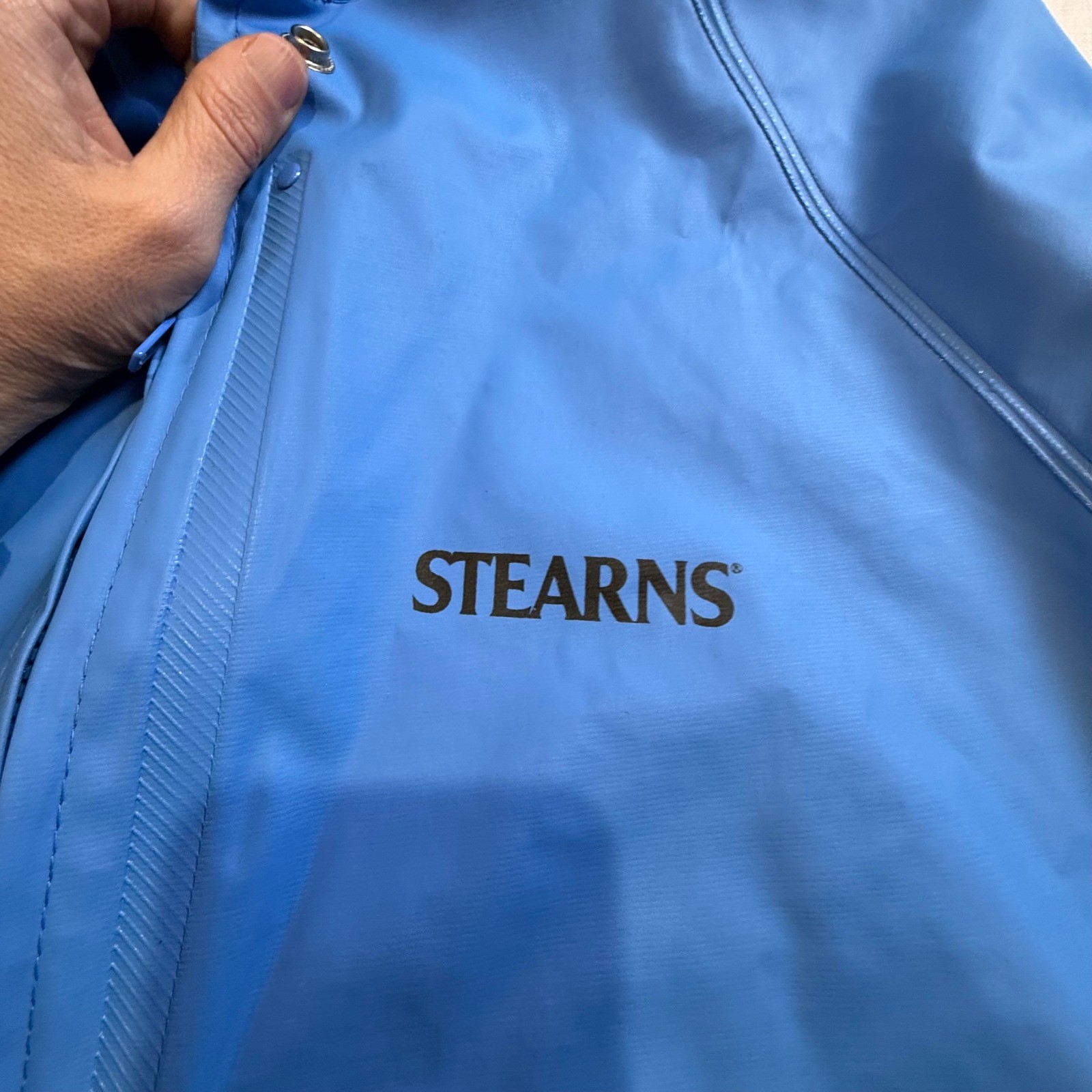 Stearns Blue PVC Coated Polyester Rayon Raincoat Hooded Zip Front Pockets XL