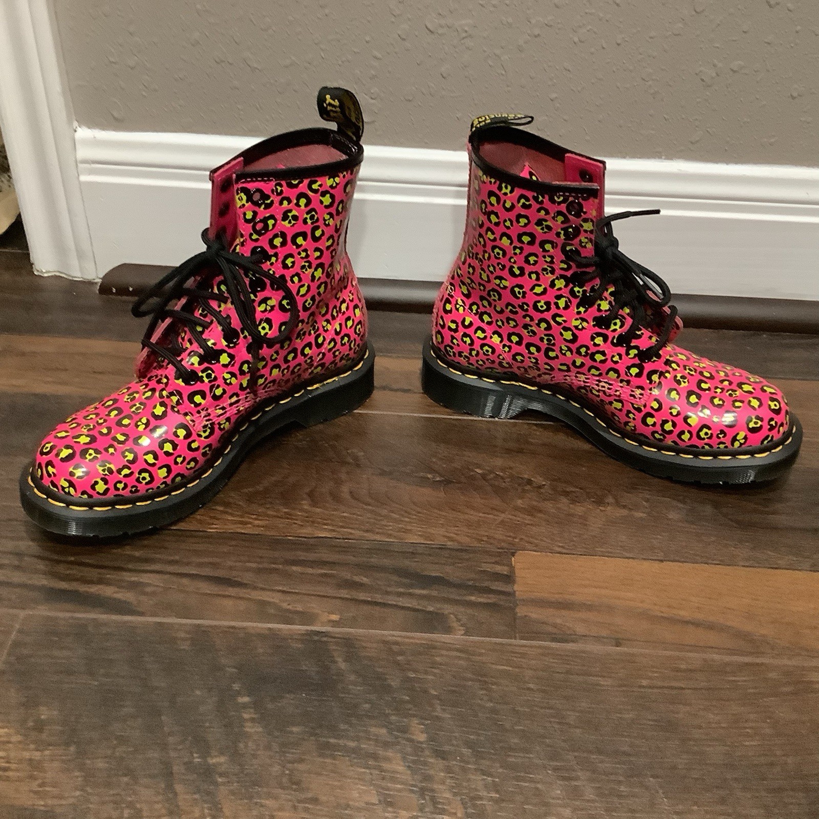 Dr Martens New 1460 Neon Pink Lime Leopard Print Patent Leather Boots Womens 6