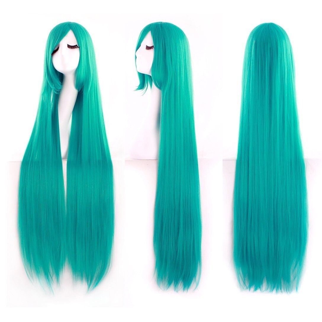40 Inch Teal Long Straight Bangs Wig Synthetic Fiber For Cosplay Anime Costume