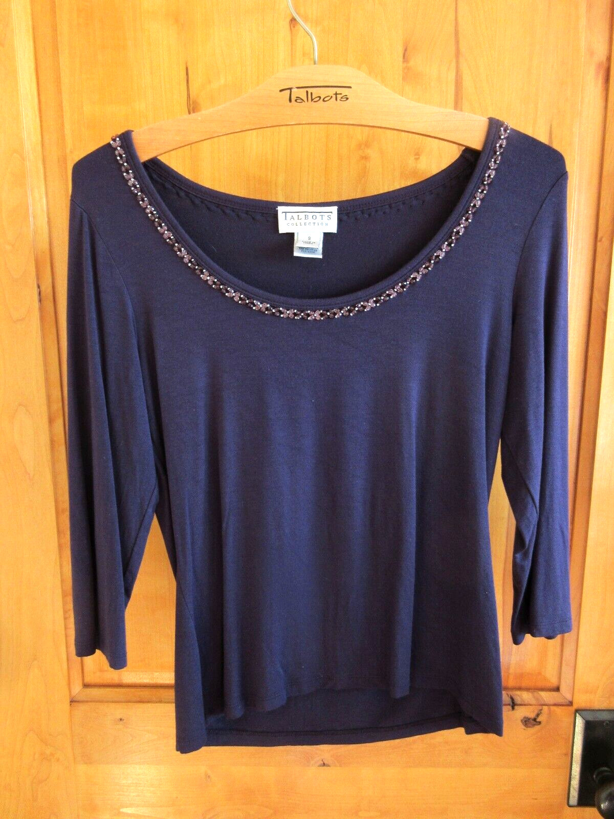 TALBOTS COLLECTION VTG S KOREA 3/4 SLV PULLOVER U-NECKLINE EGGPLANT BEADED TRIM