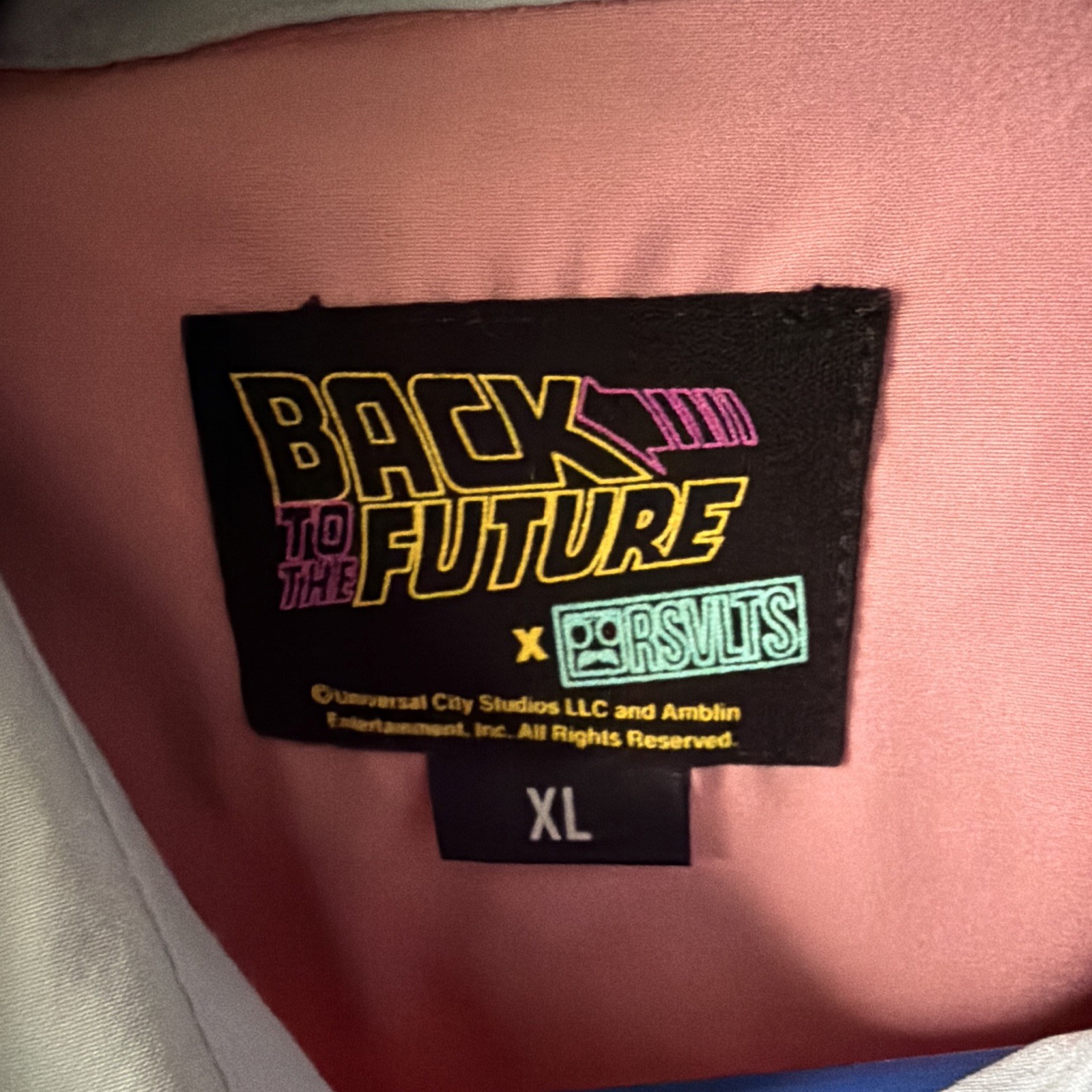 Back to the Future Men’s XL Pink/White Colorblock Snap Shirt Embroidered Pockets