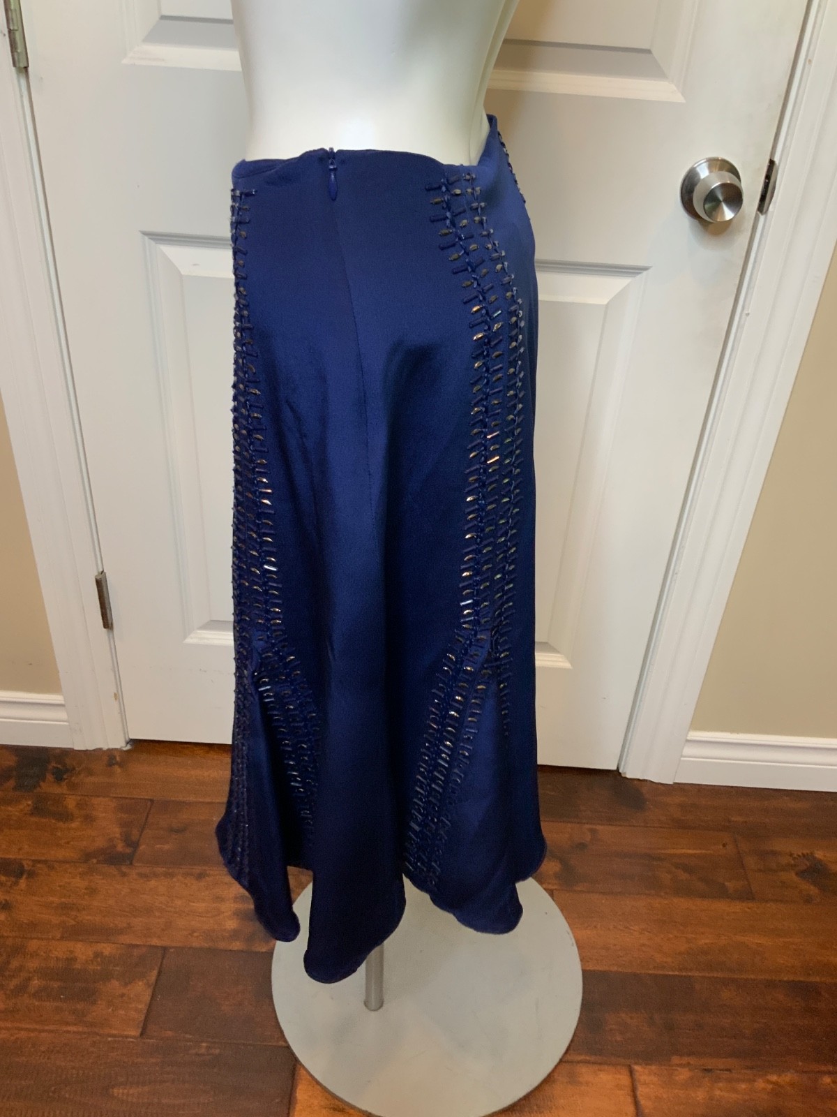 Charles Youssef Navy Blue Satin Silk Beaded Trumpet Skirt NWT $695, Size 6