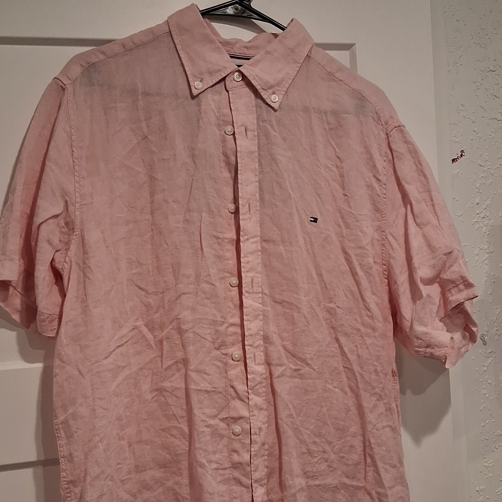 Tommy Hilfiger Men’s Linen Regular Fit Pink Short Sleeve Button-Down L/G