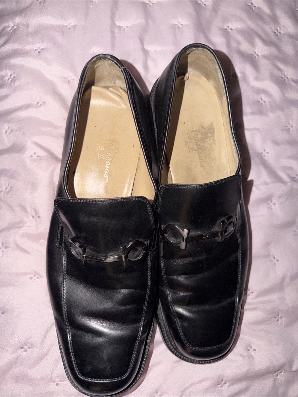 Authentic Salvatore Ferragamo Loafers Shoes Men Black Leather Size 10