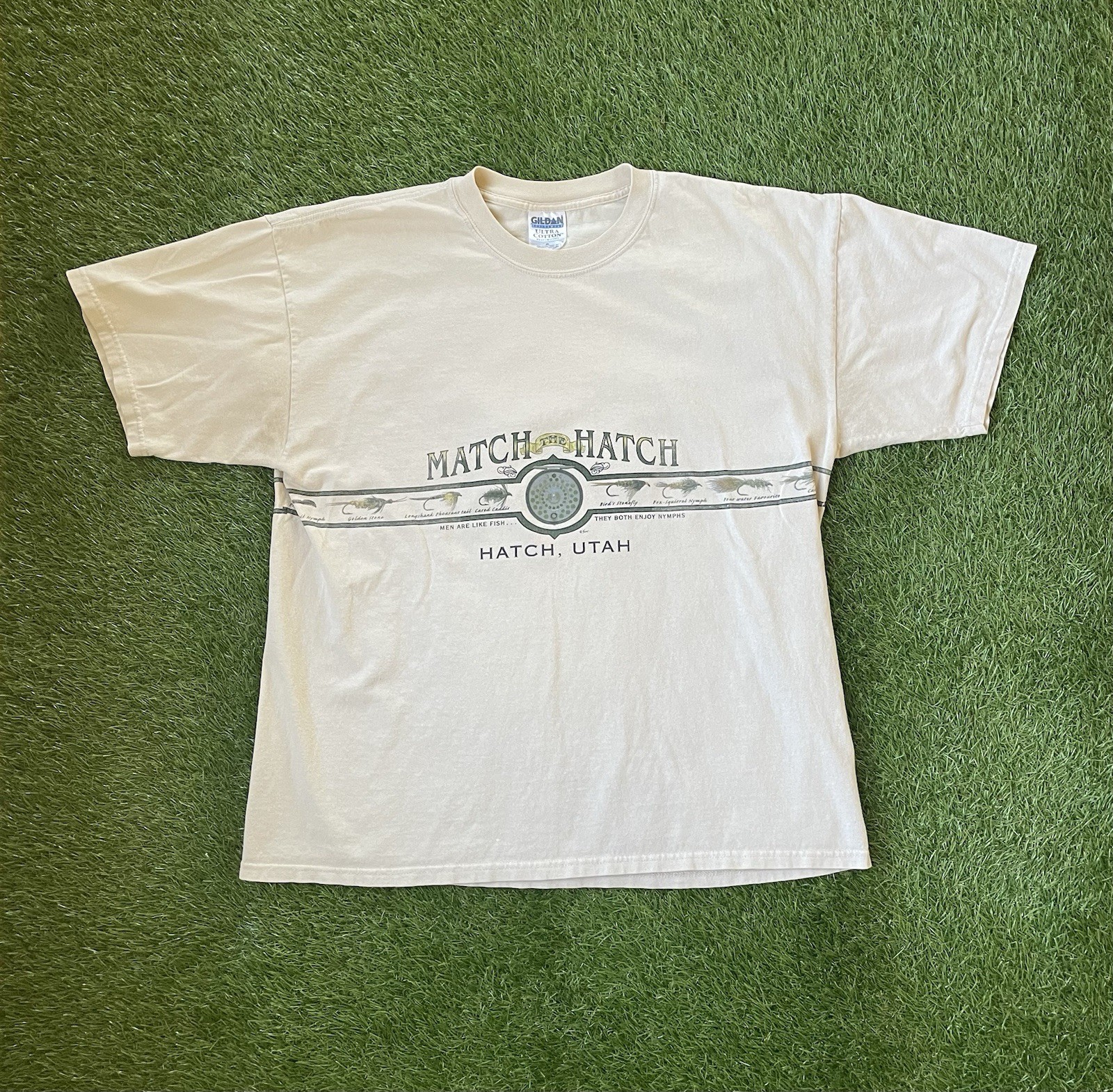 VTG 90s Funny Fishing Men Are Like Fish, They Both Enjoy Nymphs Hatch Utah XL