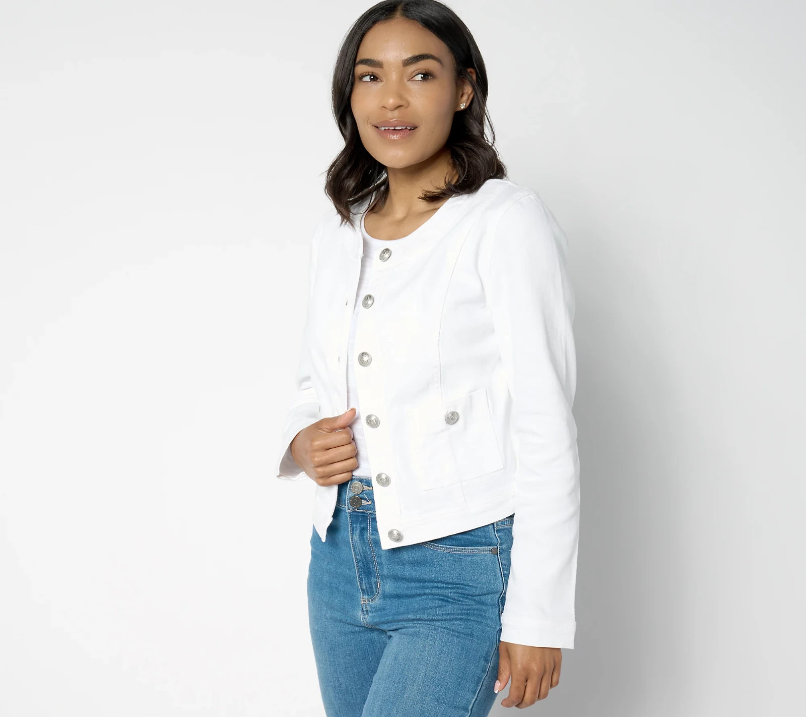 Susan Graver White Stretch Denim Collarless Jacket-White-1X-NEW-A647449