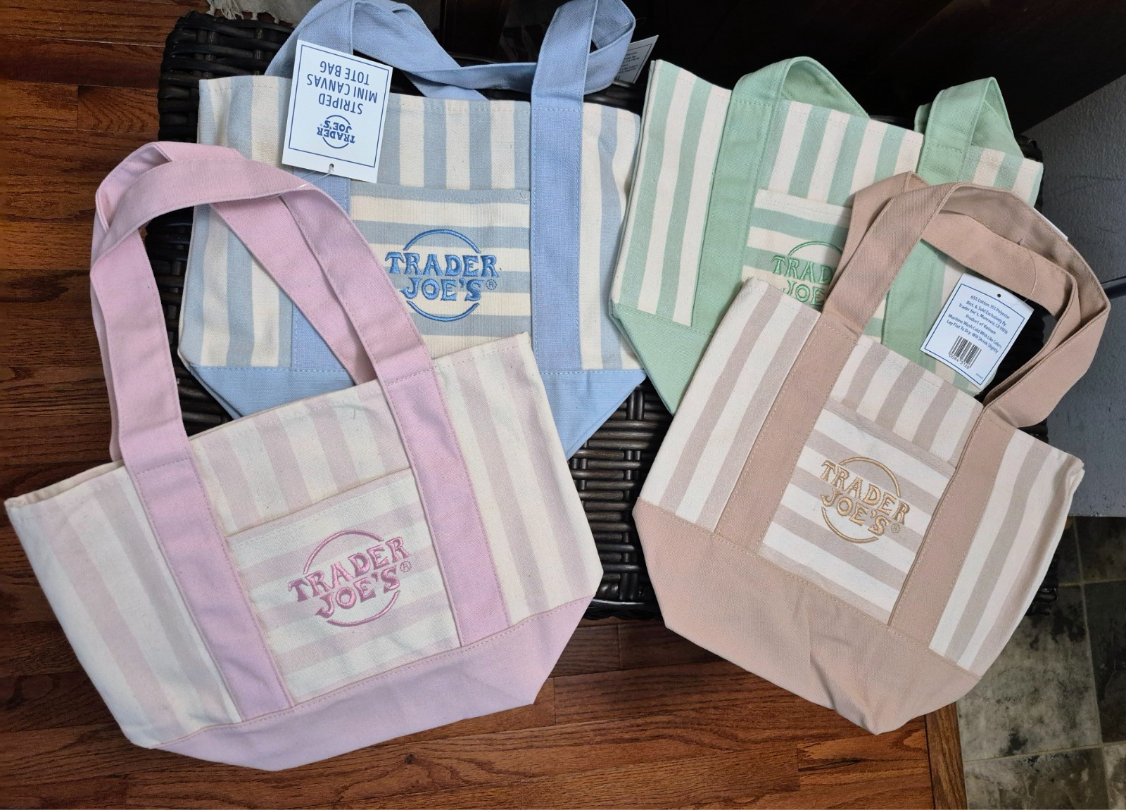 Stripe Trader Joe’s Mini Canvas Tote Bags 4pc purple blue pink green