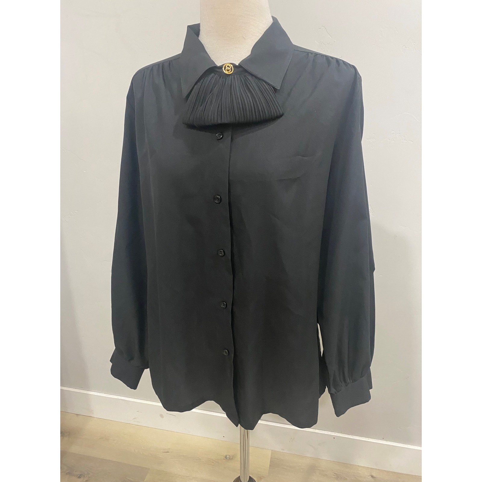 Vintage 70s 80s Black Pleated Bib Blouse Gold Button Accent Long Sleeve Top