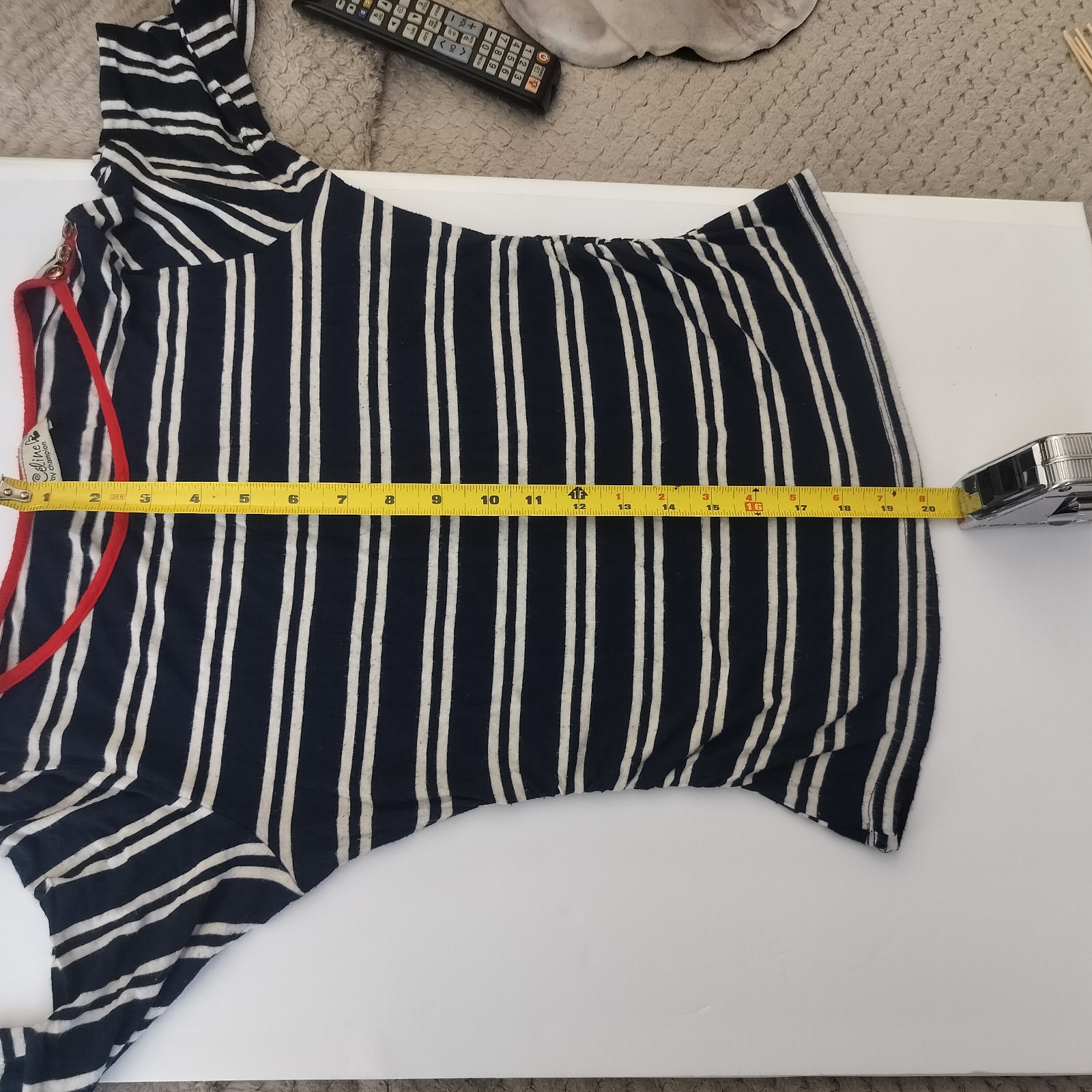 CELINE BY CHAMPION NAVY WHITE STRIPED BOAT NECK TOP RED TRIM BUTTON 3/4 SLEEVE