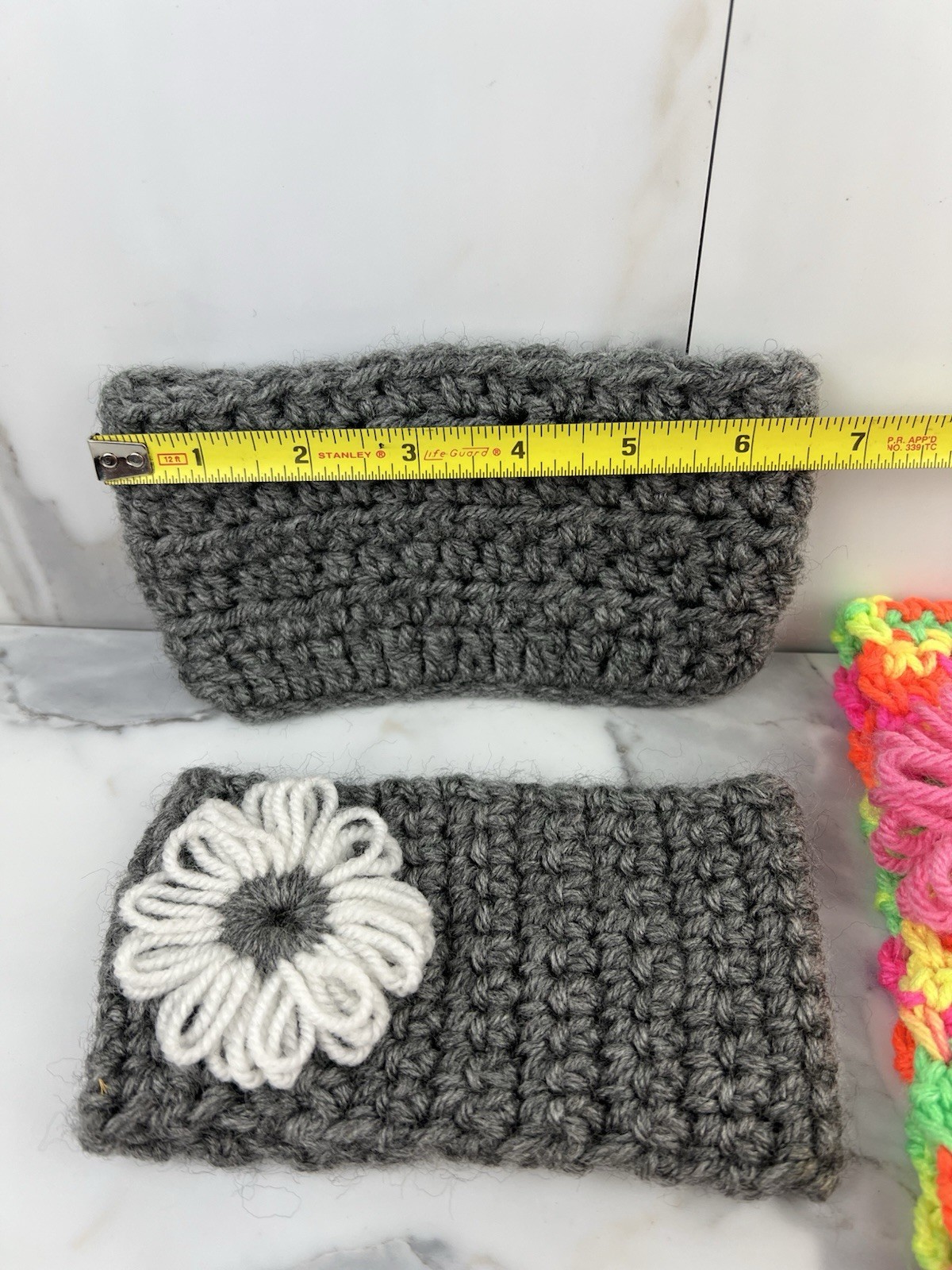 Handmade Crochet Headband Ear Warmer Gray Multicolor Flower Accents Set of 3