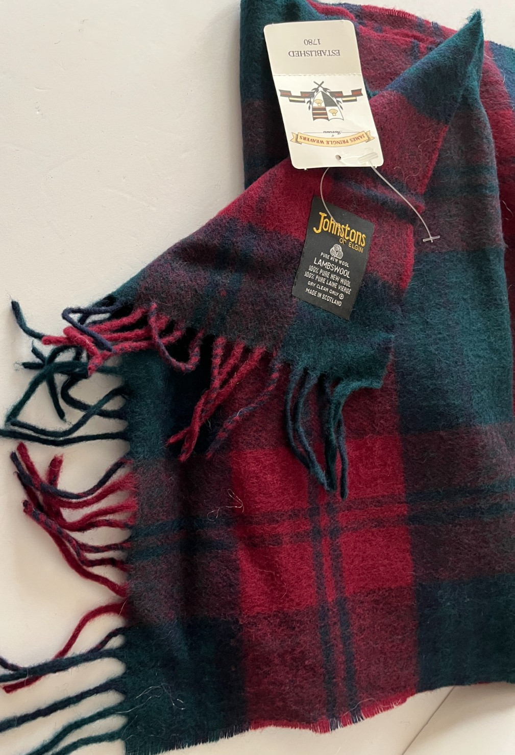 Johnstons of Elgin Lambswool Check Stole Scarf 75×15 in, Made in Scotland