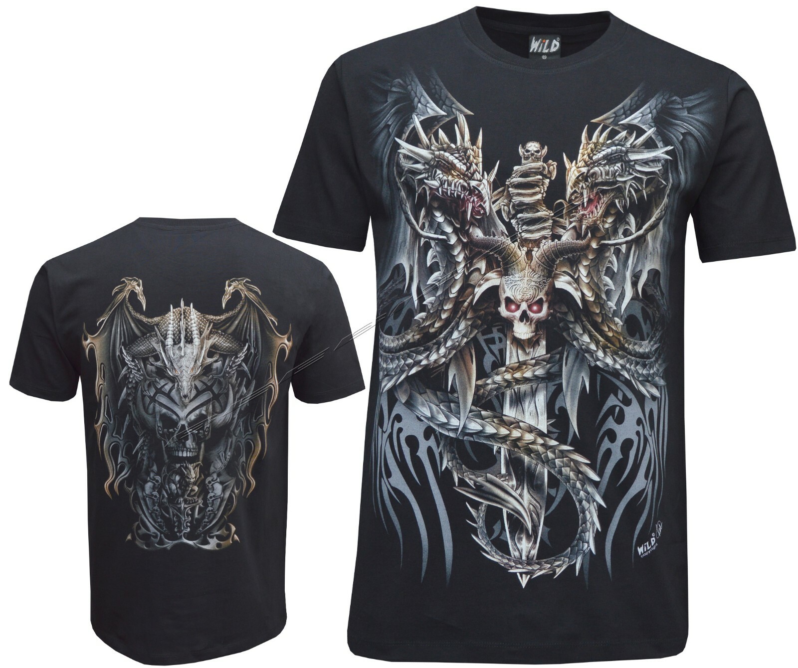 Chinese Dragon Gothic Sword Skull Tattoo Glow in The Dark 100% Cotton T-Shirt