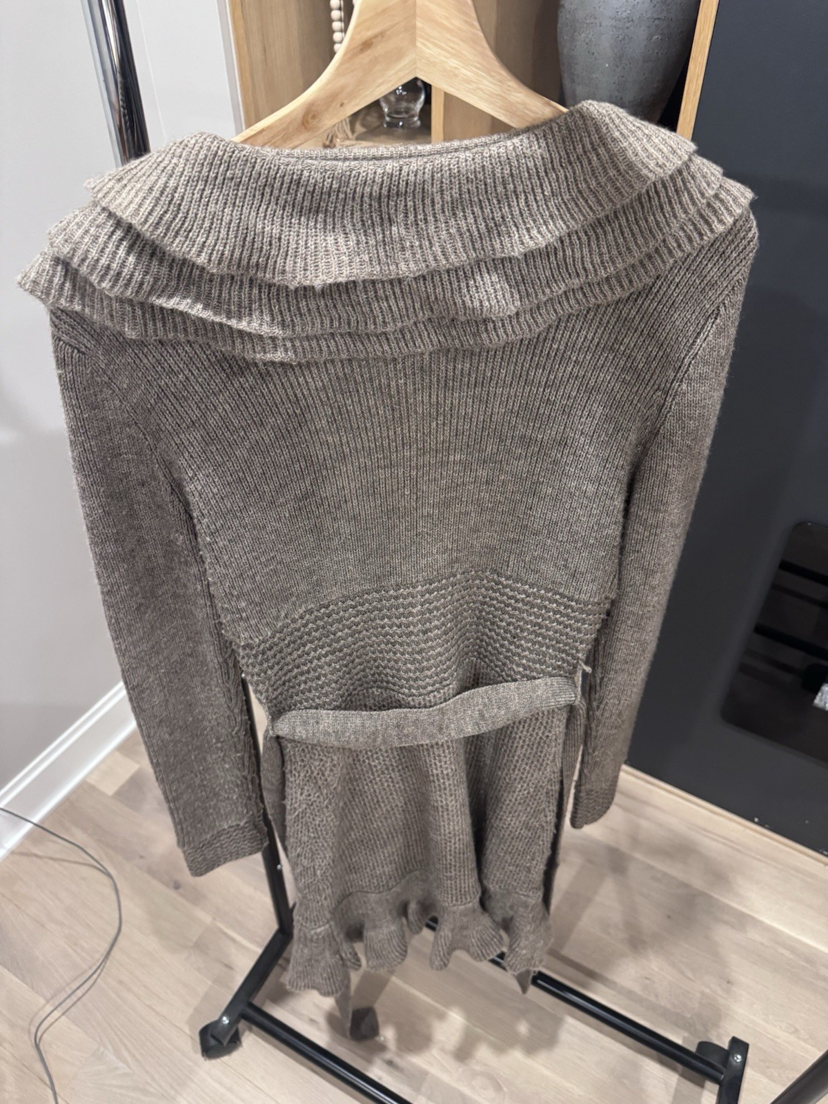 Small Taupe Ruffle Front Wool Blend Knit Cardigan Sweater
