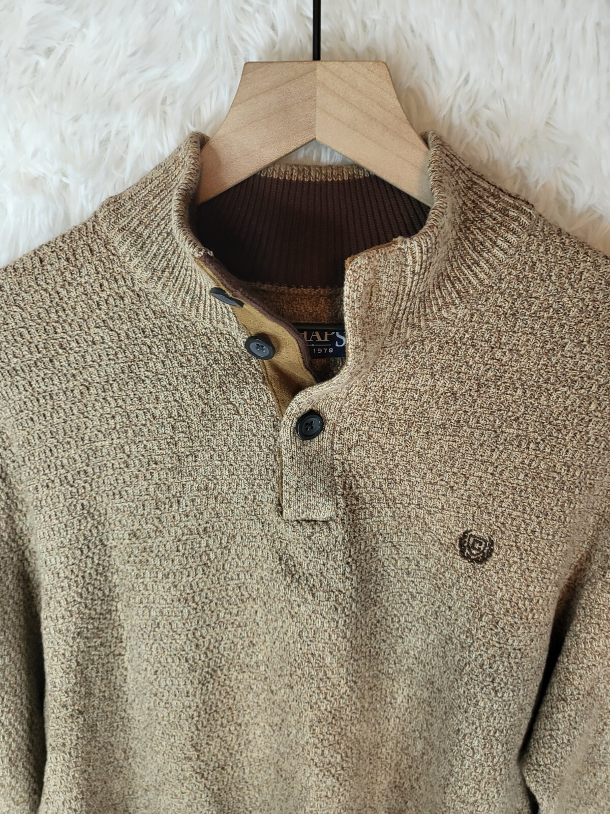 Chaps Mens Cardigan Sweater Henley Elbow Pads Size XL Tan