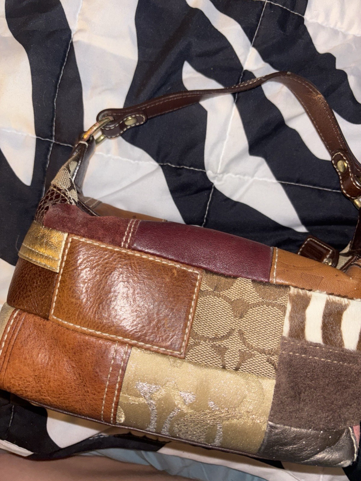 Coach patchwork small shoulder bag, zip closure, gold hardware, lined pockets