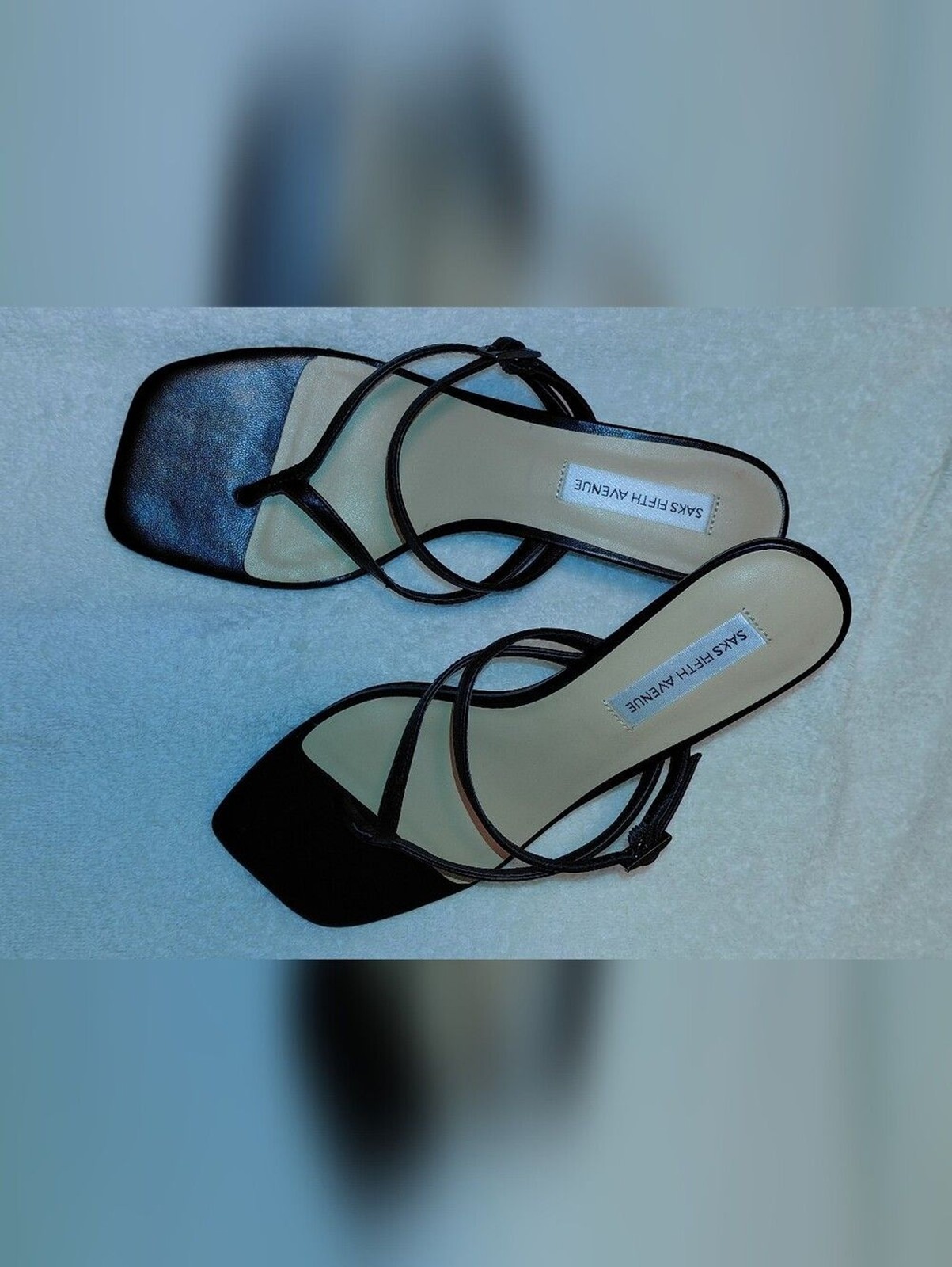 NWT Saks Fifth Avenue Black Strappy Square-Toe Heeled Sandals, SZ 6 $180 Retail