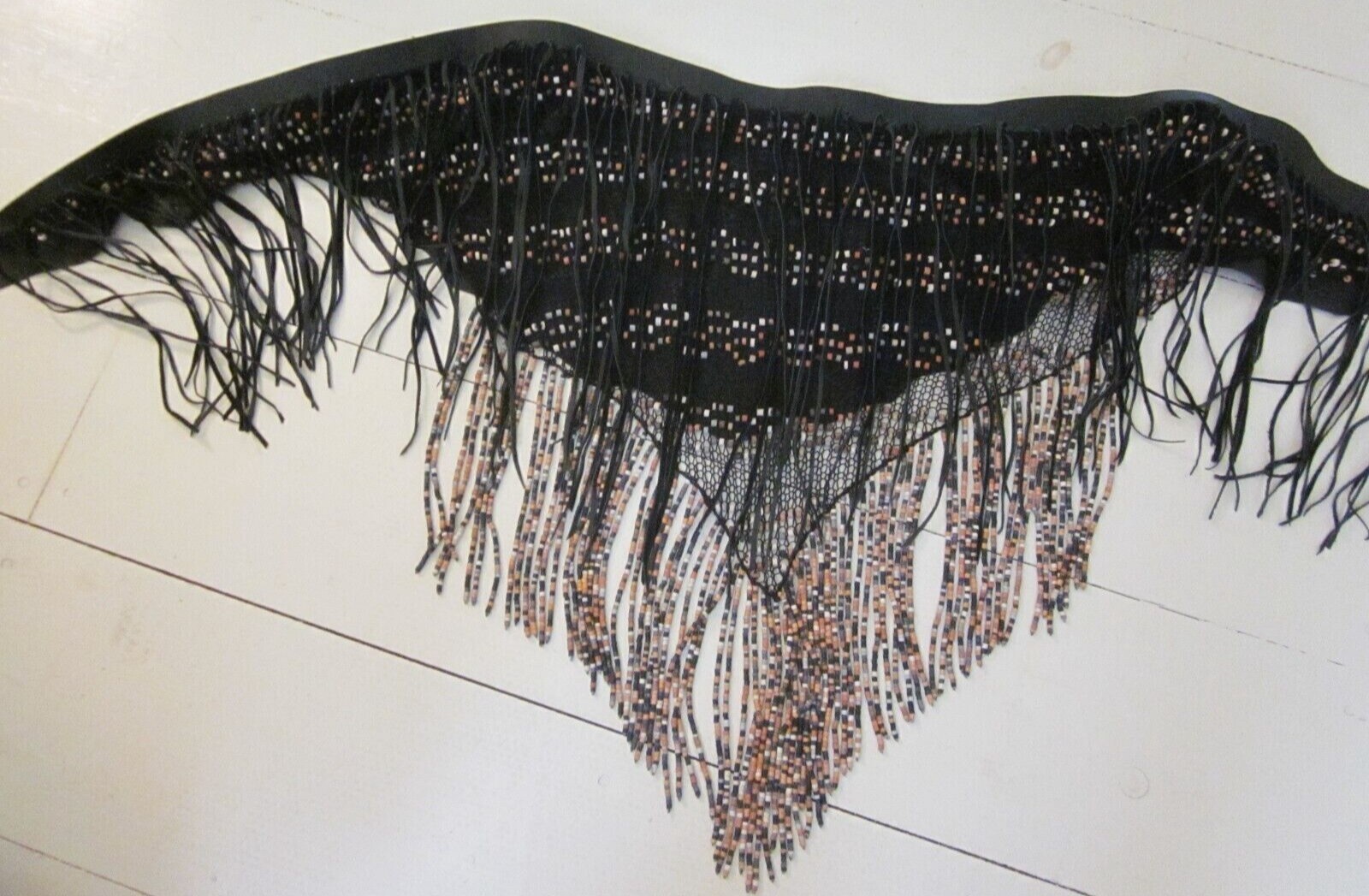  Hand Made Beaded Mesh and Leather Fringe 56″ Hip/ Shoulder Scarf