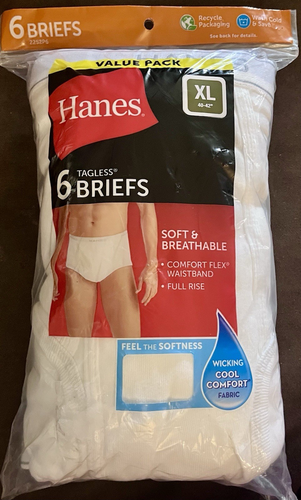 NEW Hanes Men’s Tagless Cool Comfort White Briefs 6 Pack Size XL 40-42