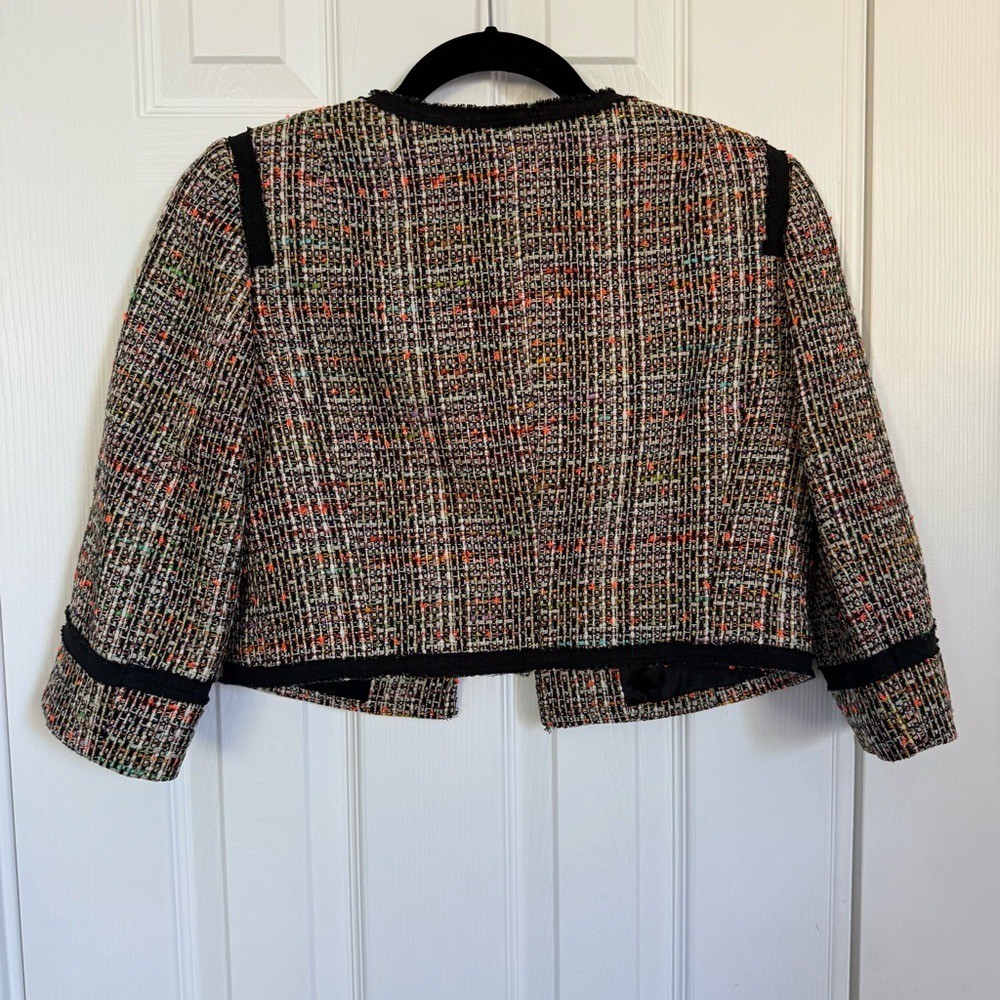 Trina Turk Multicolor Tweed Black Trim Cropped Career Blazer Jacket Womens 0 EUC