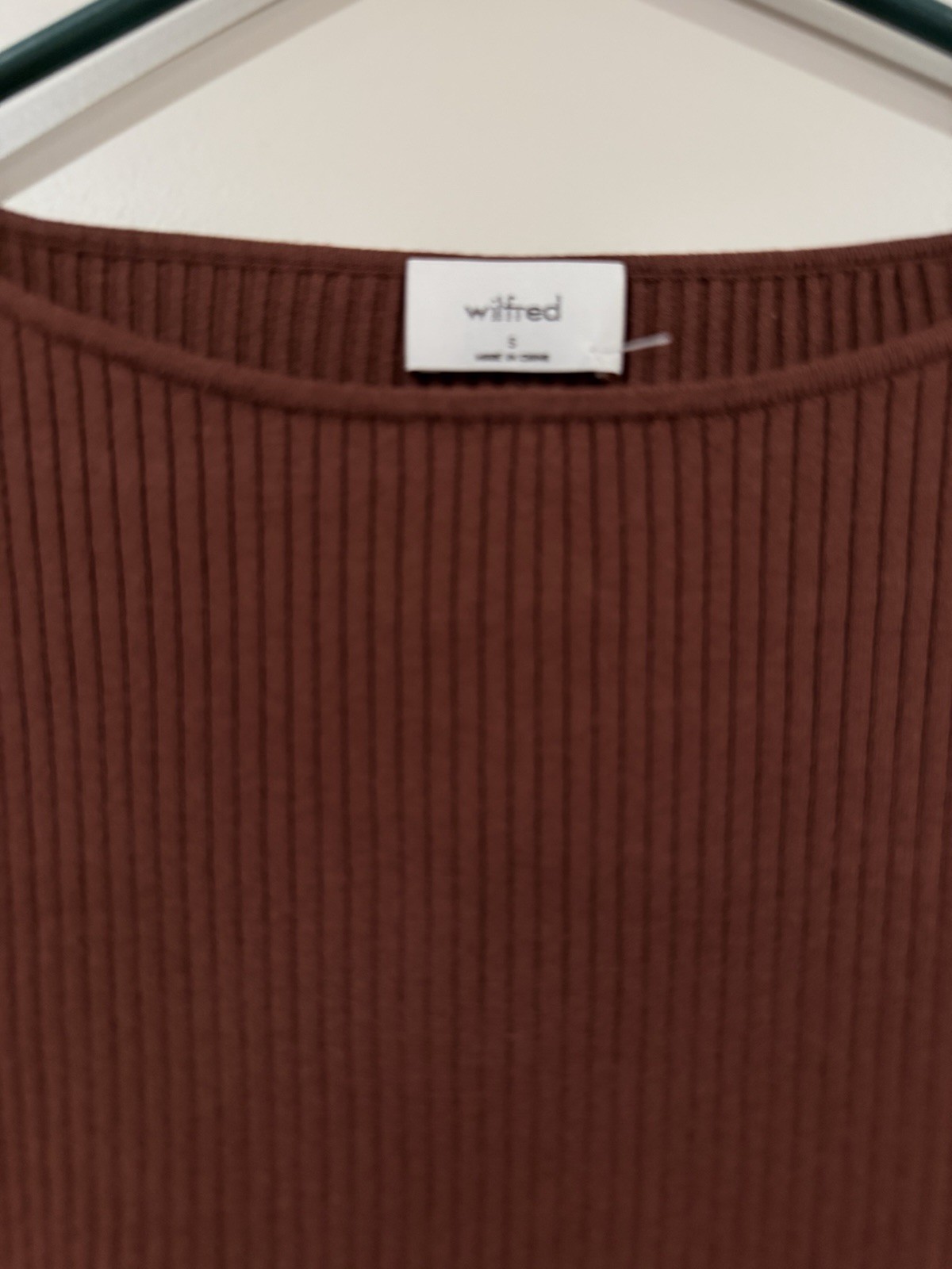 Aritzia Wilfred Cut Out Long Sleeve Knit Dress Brown Ribbed Small NWOT