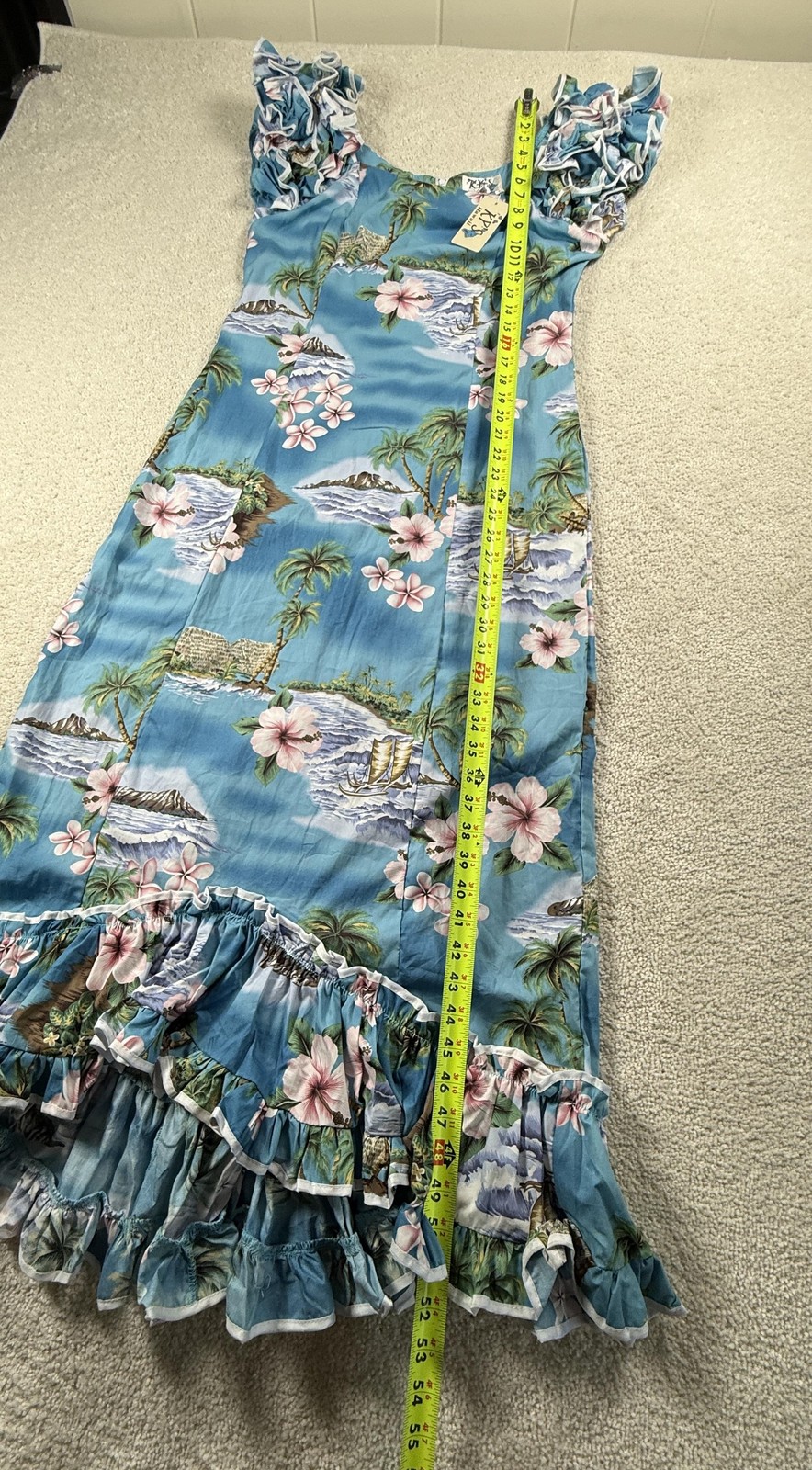 KY’S Hawaii Muumuu Dress Womens M Blue Floral Cotton Sundress Ruffle Hawaii