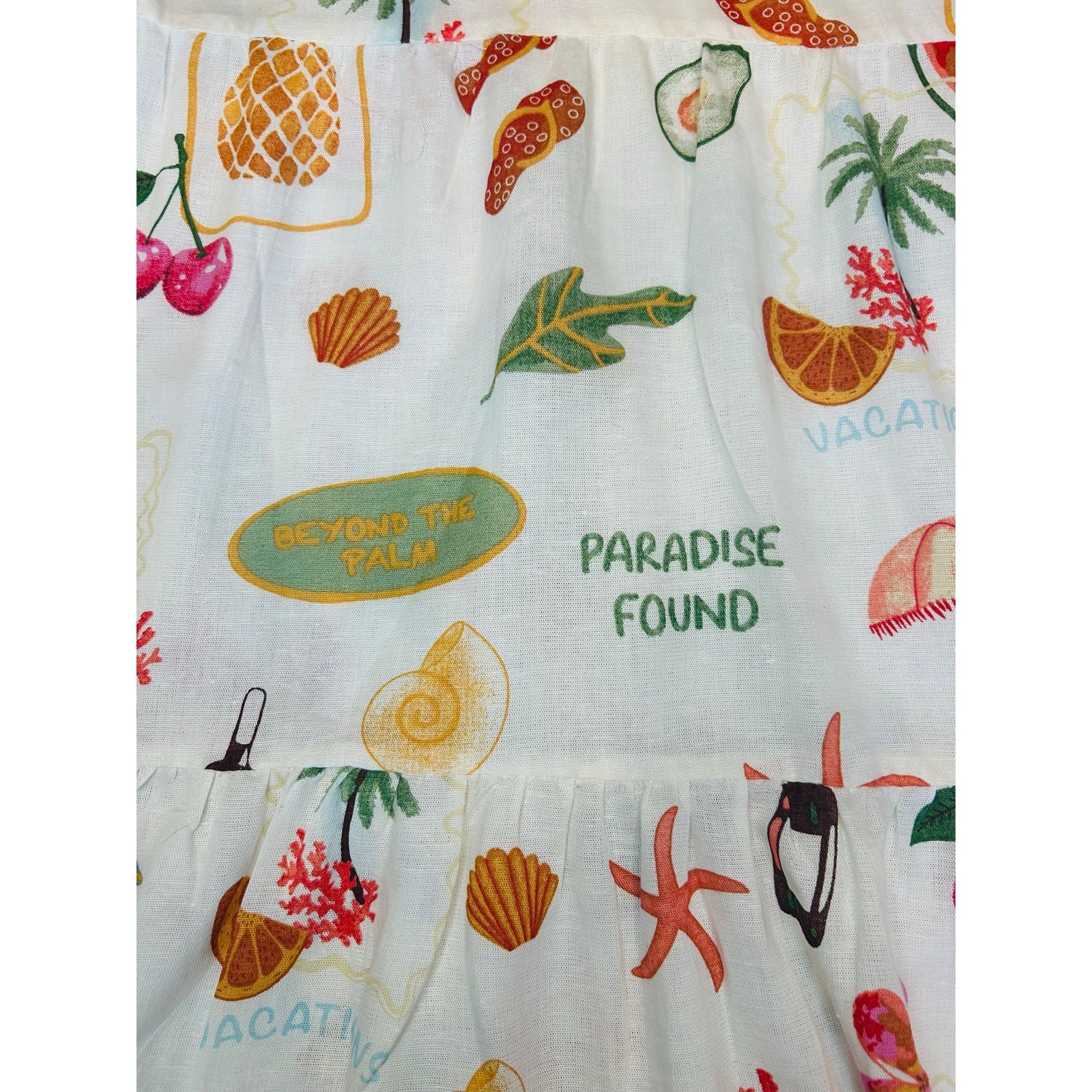 Tropical Vacation Print Tiered Midi Dress Womens L XL Beach Palm Fruit Sundress
