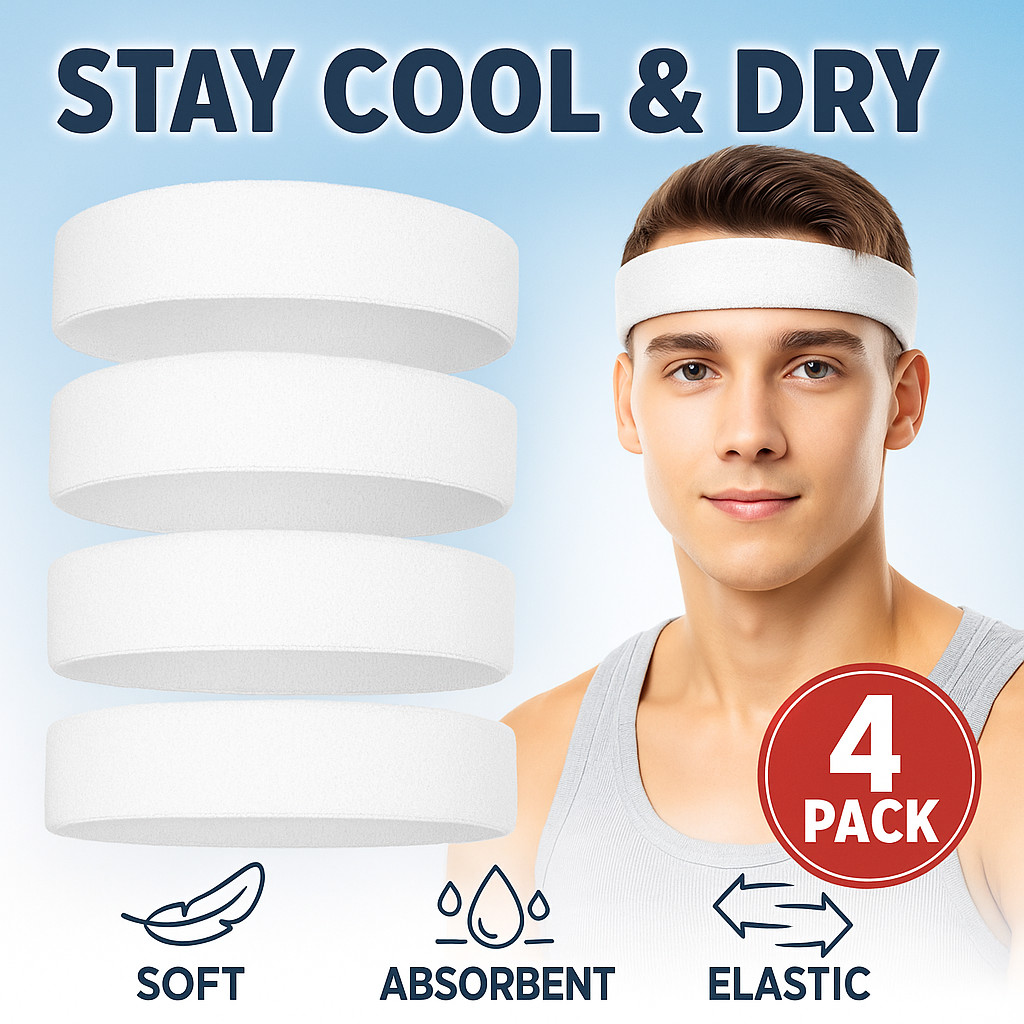 4 Pack White Sports Headbands Men Women Cotton Sweat Bands Running Gym Tennis