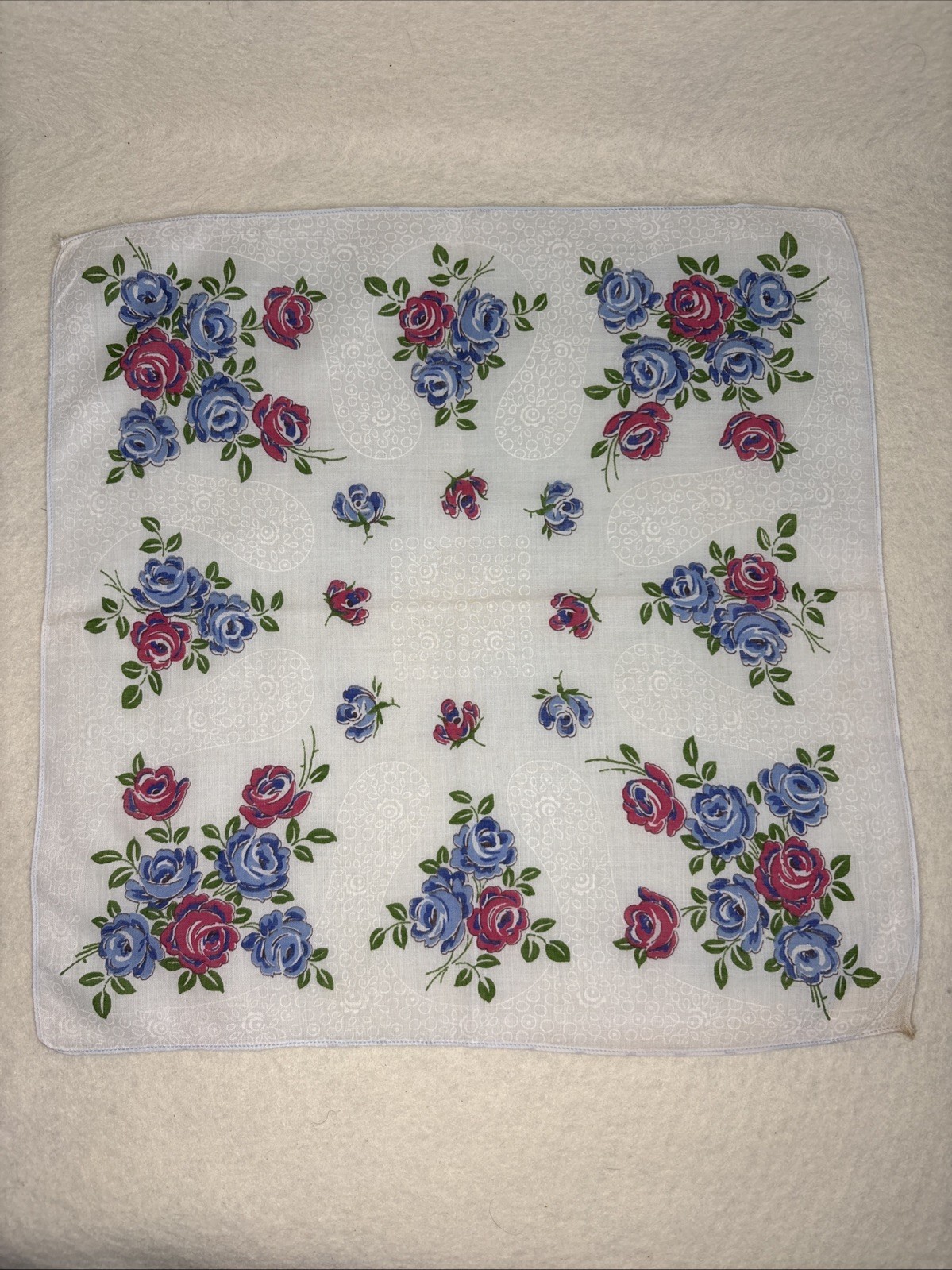 Vintage Floral Handkerchief Pink Green Blue Hanky 12.75″ x 12.75″