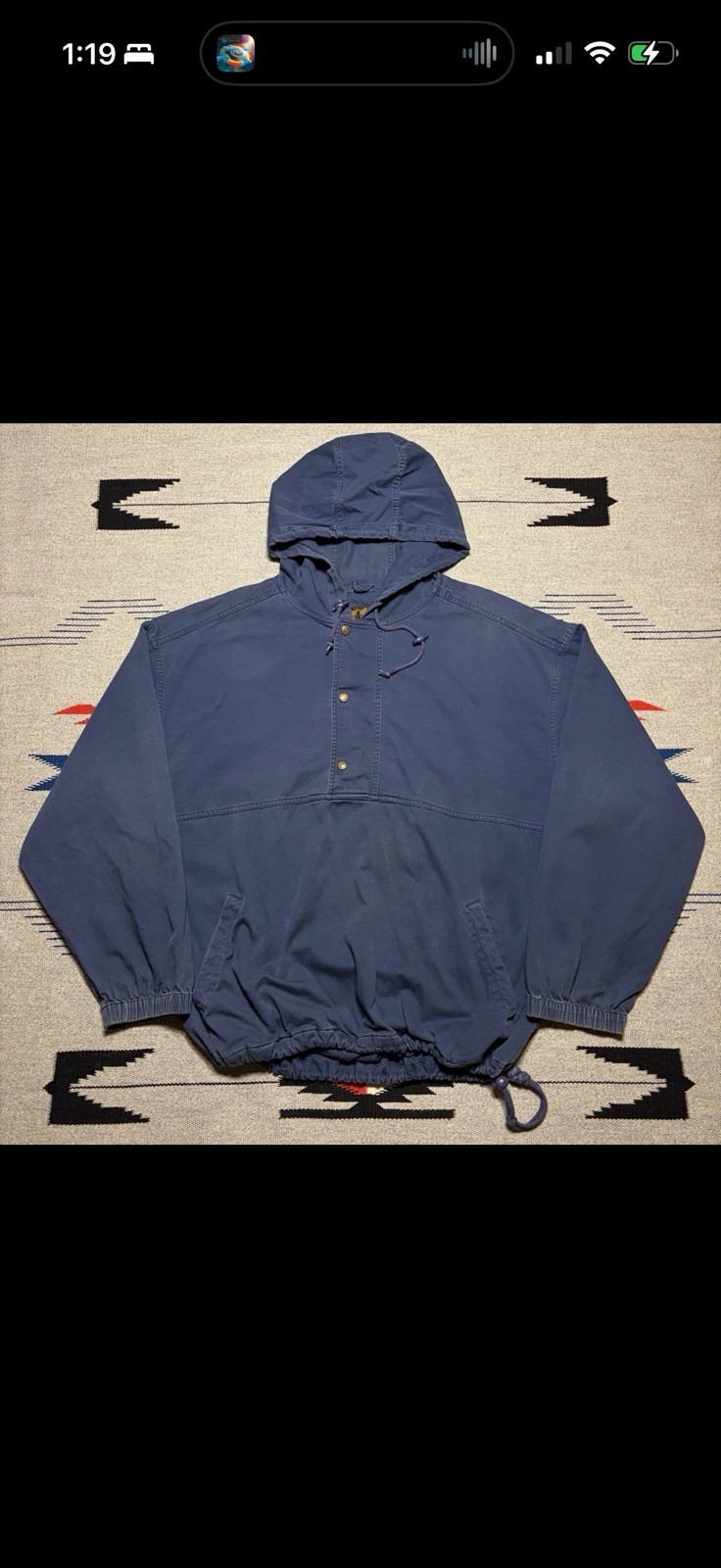 Eddie Bauer Men’s Blue Hooded Anorak Jacket XL Button Closure Drawstring