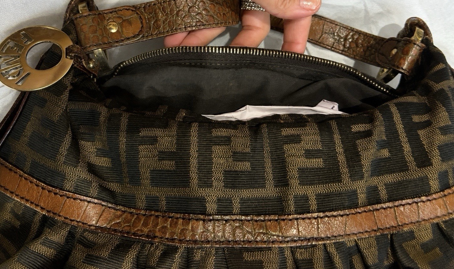 Fendi Zucca FF Monogram Brown Shoulder Bag Zip Gold Hardware Bag Charm Medium