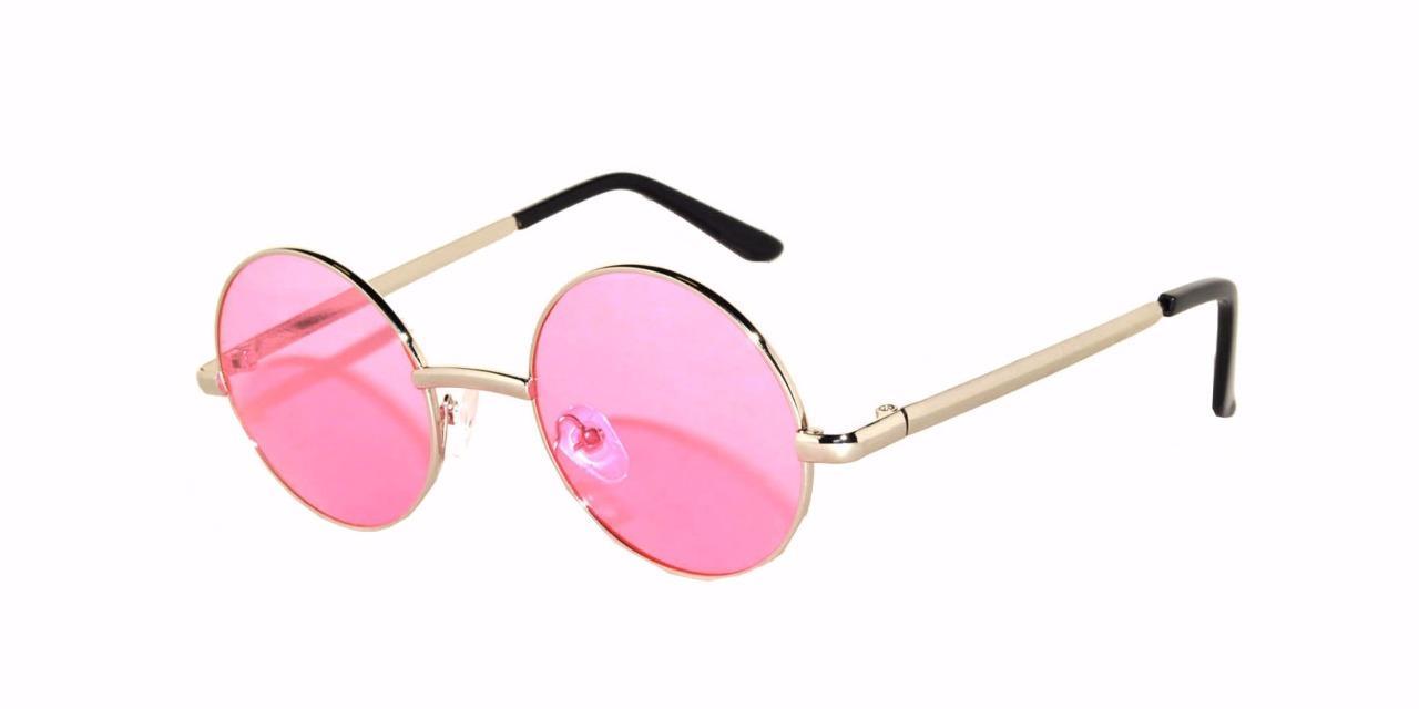 +Retro Round Vintage Tint Sunglasses Pink Lens Metal Gold Frame Spring Hinge