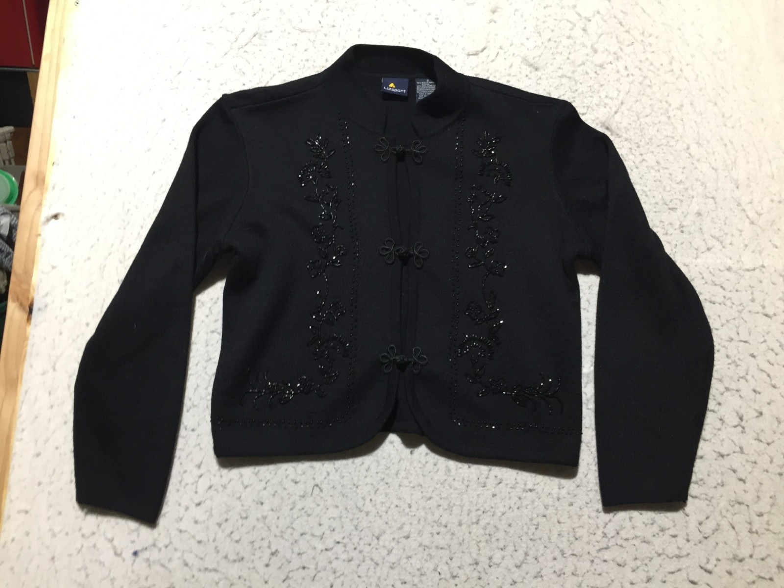 Liz Sport Sweater Jacket Womens S Small Black Wool Button Accent Beaded Hook