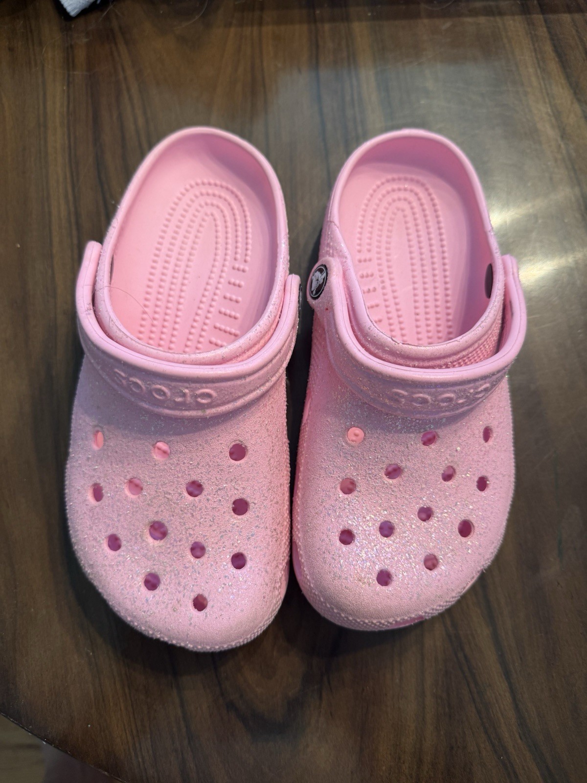 Crocs Kids’ Classic Glitter Clog Pink Rubber Slip-On Shoes, Size C4