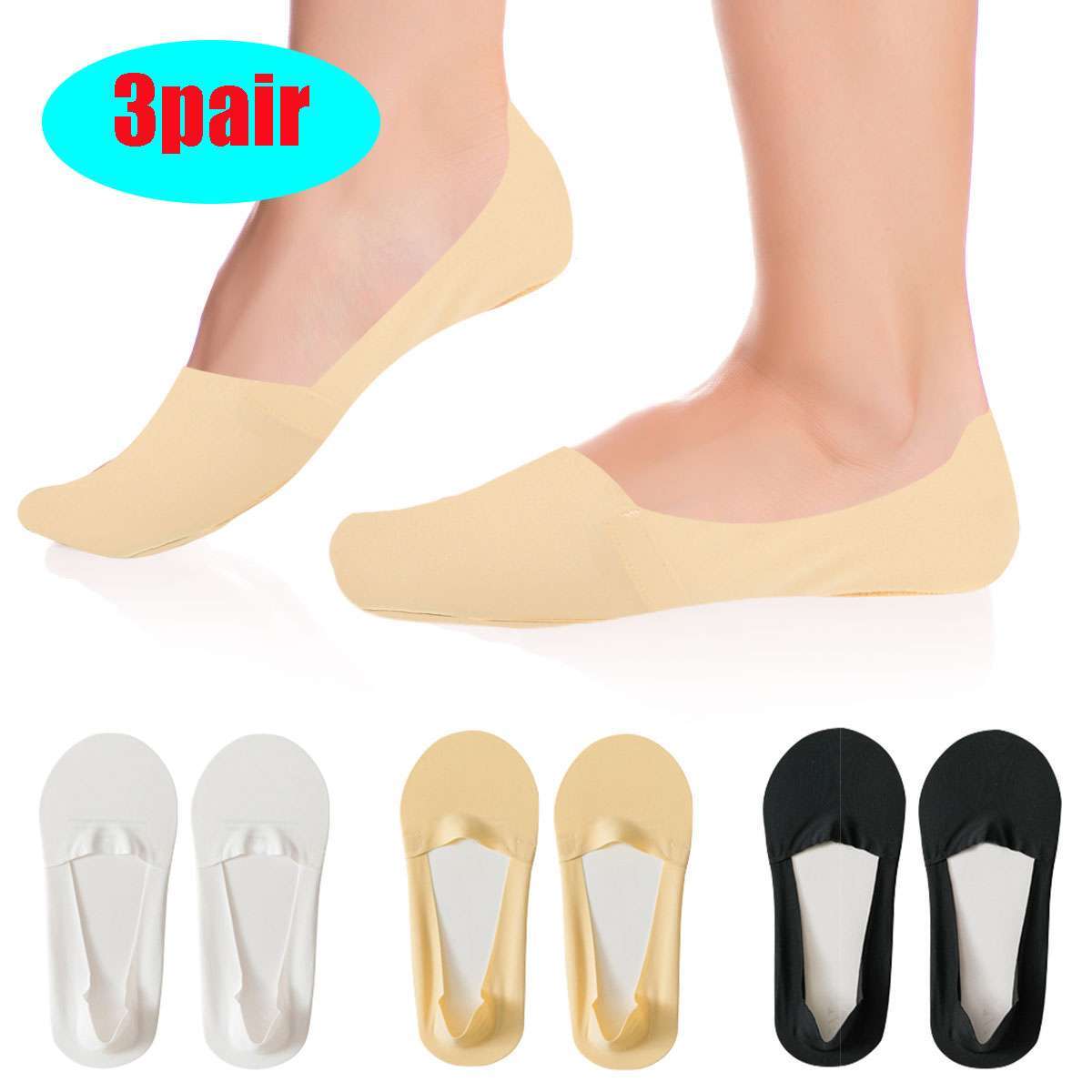 3 Pairs No Show Womens Low Cut Liner Non Slip Invisible Hidden Flat Casual Socks