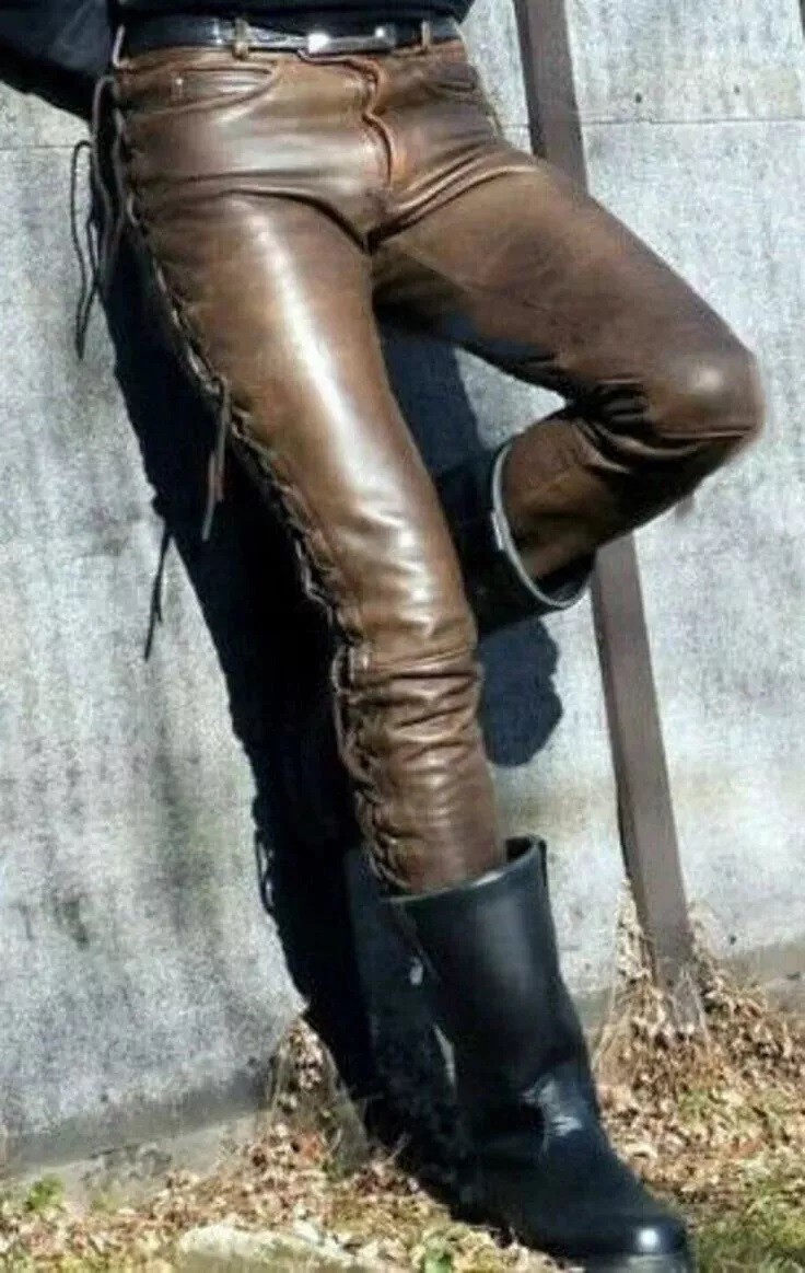 Brown Men’s Cowboy Style Real Distressed Pant Leather with Side Laces Trouser