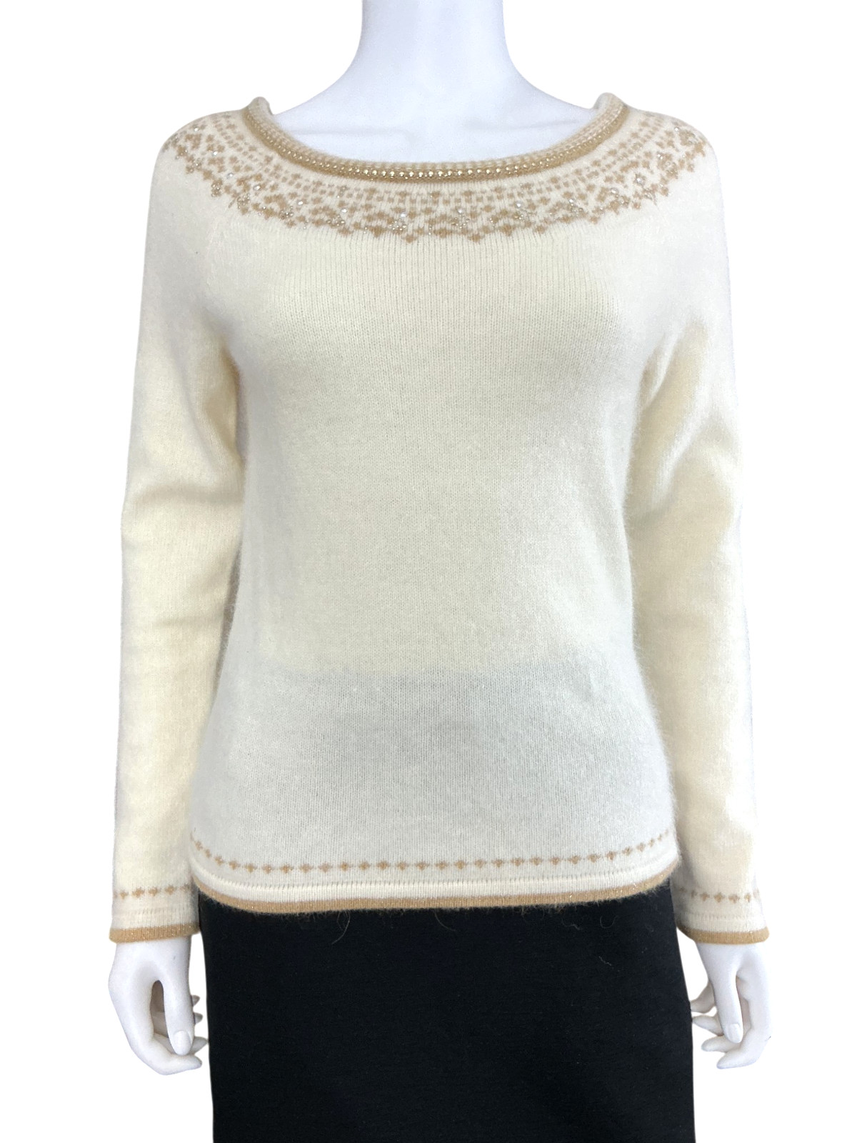 Apt. 9 Women’s Angora Fair Isle Sweater M Cream Beaded Rhinestones Boat Neck NWT