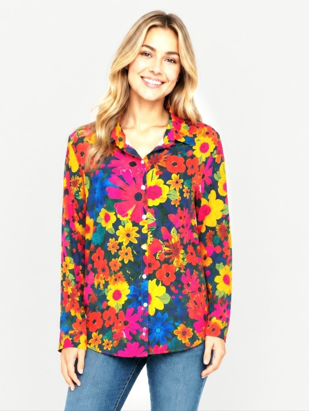Bright Funky Flower Button-Up Blouse, Multicolor, Size XL