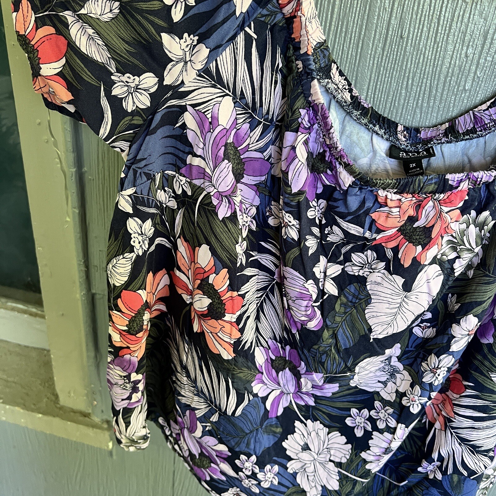 A.N.A A New Approach Top Blouse Women’s 2X Blue Floral Rayon Elastic Shoulder