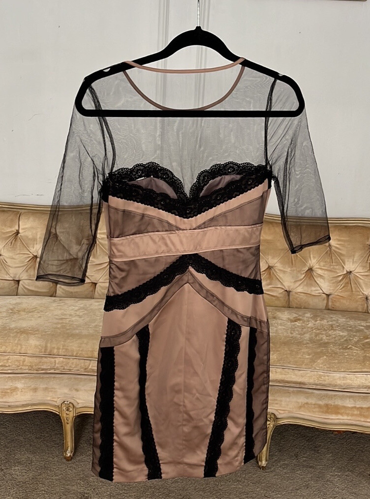 Vintage ASOS Champagne color satin, mesh and lace cocktail dress Y2K small VTG