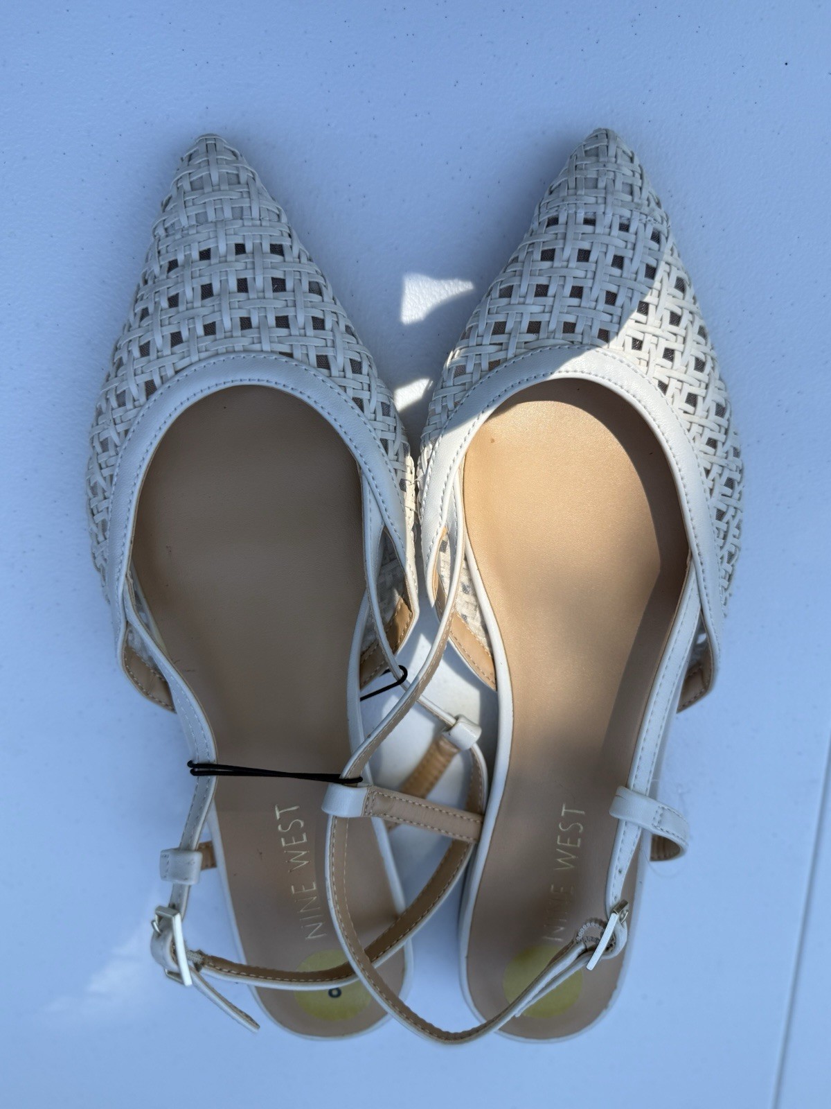 Nine West Woven Pointed Toe Slingback Flats Ankle Strap Buckle White/Beige 8M