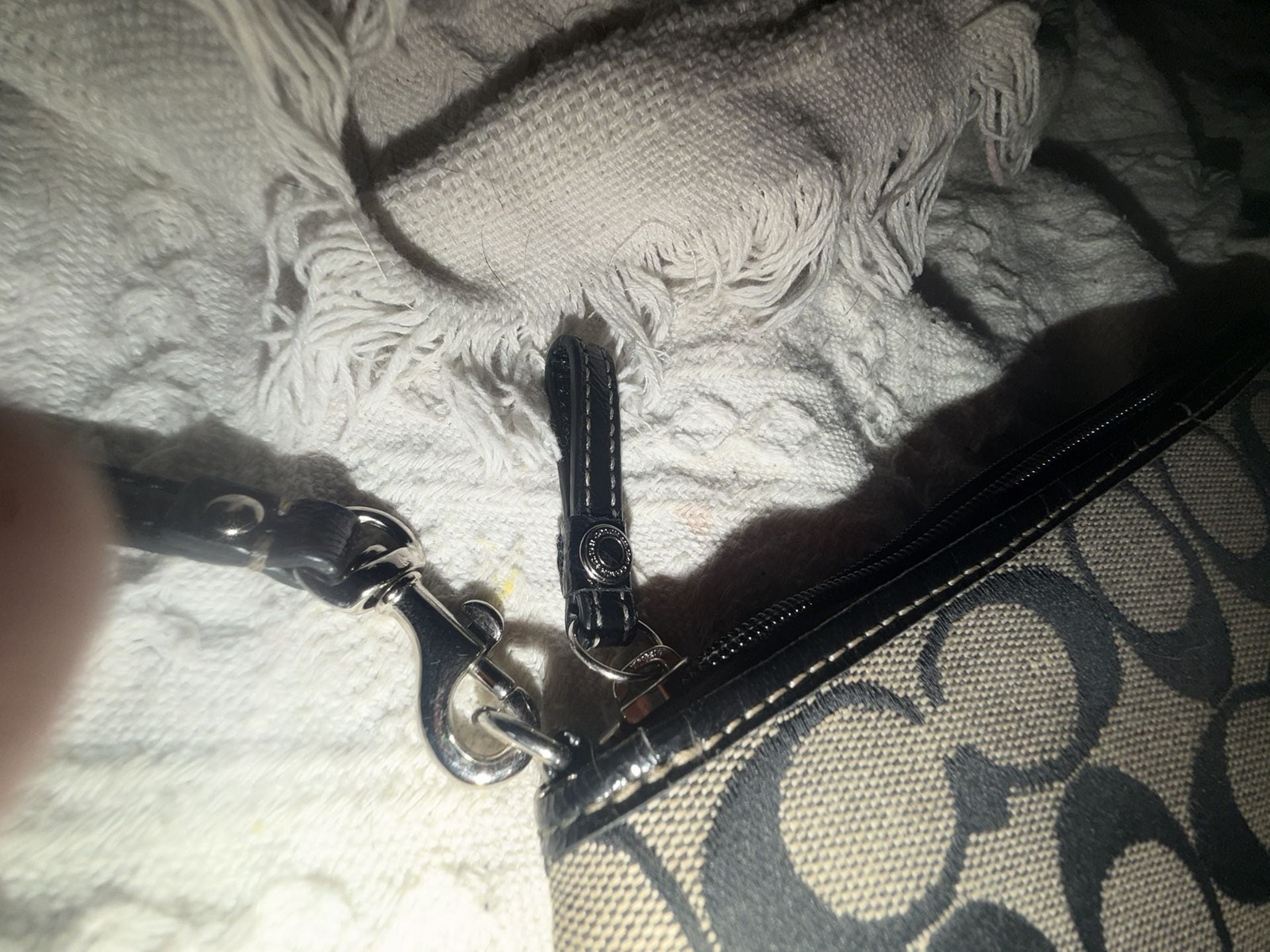 Coach Signature Monogram Black and Grey Large Wristlet with Leather Trim