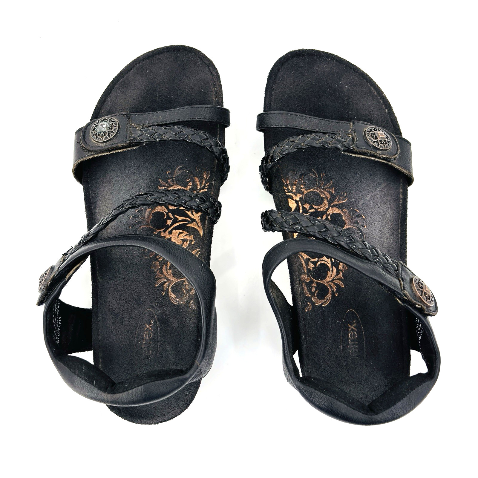 Womens 8 Aetrex Jillian Black Leather Wedge Sandals Braided Slingback SC450W